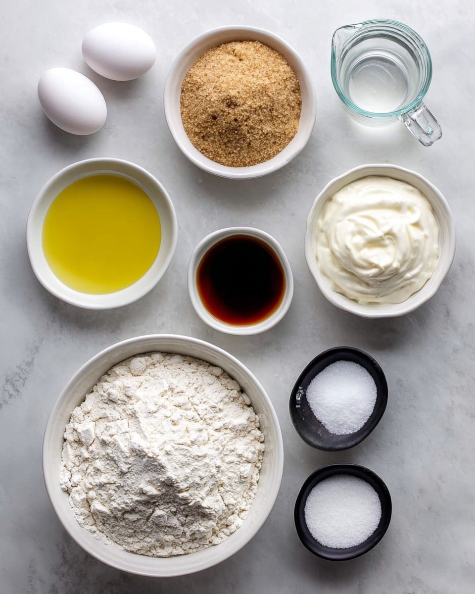 The image shows nine baking ingredients laid out on a white marbled surface. In the center bottom is a large white bowl full of white flour with a slightly rough texture. Above it to the left is a small white bowl of clear yellow oil with a smooth surface. To the right of the oil is a white bowl heaped with light brown sugar that looks crumbly. To the right of the sugar is a white bowl filled with creamy white yogurt. Above the sugar is a small clear glass bowl holding a dark brown liquid. To the right of that is a clear measuring cup with a handle, filled with a white liquid. On the left side, near the top, there are two white eggs with smooth shells lying next to each other. On the lower right are three small black bowls aligned vertically, with coarse white salt in the top one, white baking soda in the middle, and white baking powder in the bottom. The whole arrangement is tidy and evenly spaced. Photo taken with an iphone --ar 4:5 --v 7