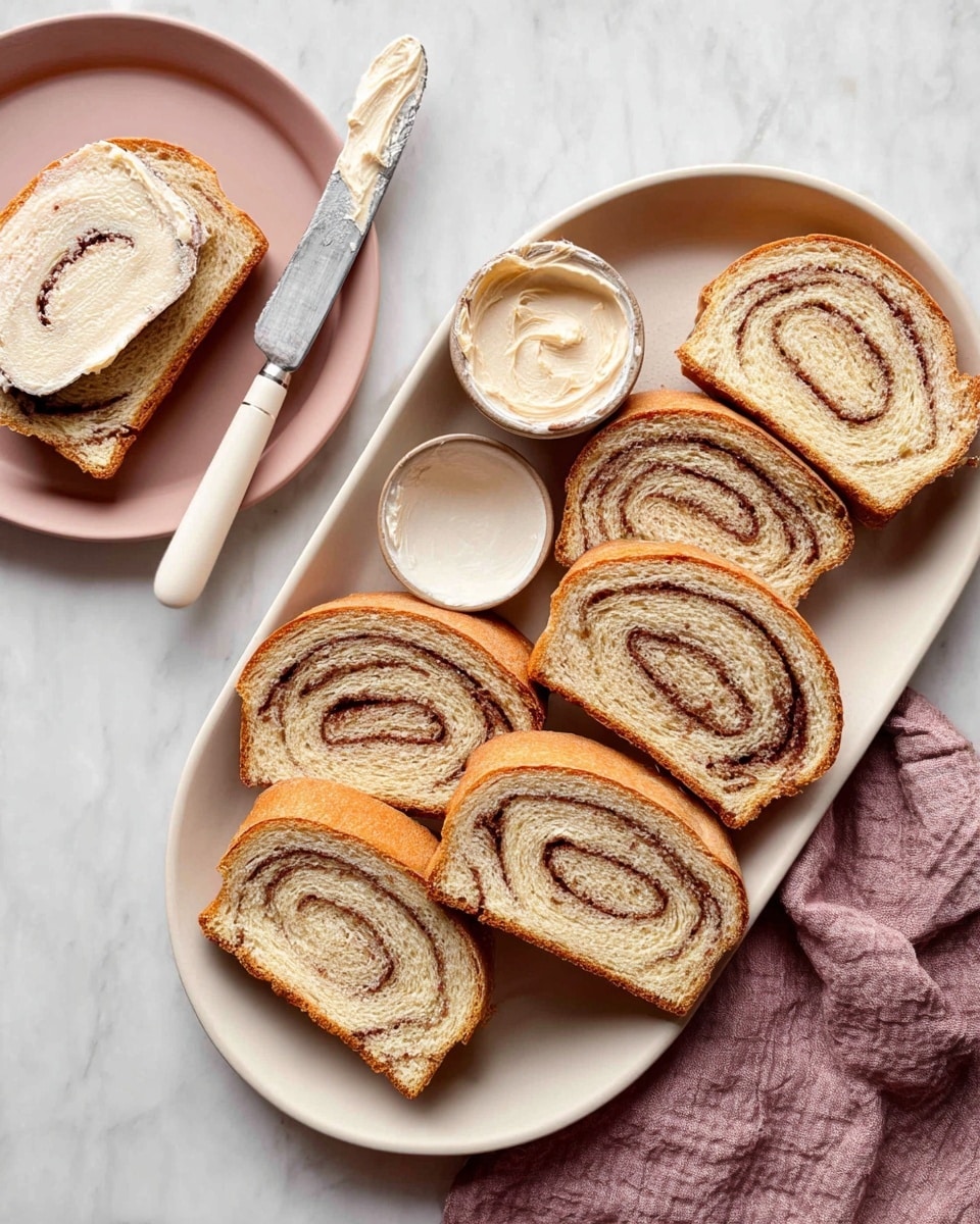 The image shows seven slices of cinnamon swirl bread with light brown crusts and soft beige insides arranged on a white oval plate with a small cup of pale off-white spread in the center. The cinnamon swirl is a dark brown spiral inside each slice. Next to the plate, there is a pale pink plate with one cinnamon bread slice spread with white cream. A white-handled knife with a silver blade and some cream on it rests beside the pink plate. All items sit on a white marbled surface with a light mauve cloth partially visible at the bottom right corner. photo taken with an iphone --ar 4:5 --v 7
