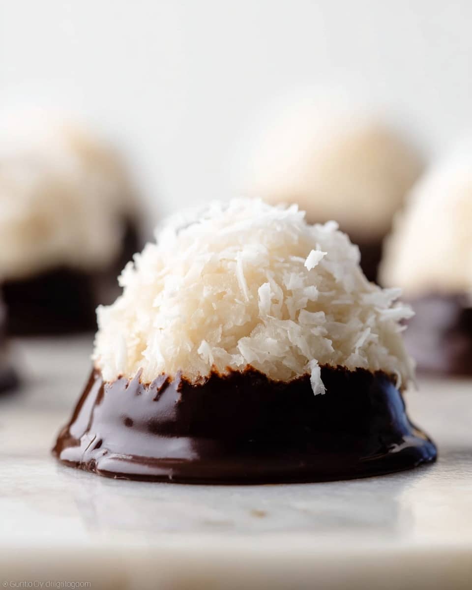 The image shows a close-up of a small, dome-shaped coconut treat with two layers. The bottom layer is a smooth, dark, glossy chocolate coating that covers the base and slightly drips onto the white marbled surface. The top layer is a rough-textured, off-white mound of shredded coconut that looks soft and fluffy, sitting firmly on the chocolate base. The background is blurred white, with hints of other similar treats in soft focus. The photo is bright and clean, highlighting the texture contrast between the shiny chocolate and fibrous coconut. photo taken with an iphone --ar 4:5 --v 7