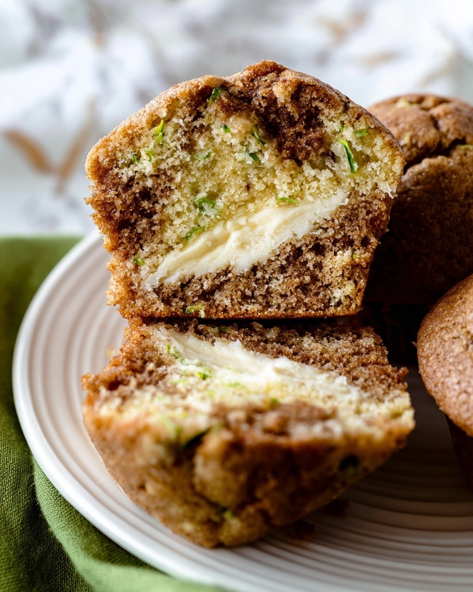 The image shows a close-up of a cut muffin with two main layers: a light cream cheese filling in the middle and a darker brown cake with visible green flecks around it, suggesting zucchini or similar inside. The cake looks soft and slightly crumbly with a rough surface texture. The muffin is placed on a white plate with subtle ridges visible. There is a green cloth on the bottom left corner, and the background has a white marbled texture. Photo taken with an iphone --ar 4:5 --v 7