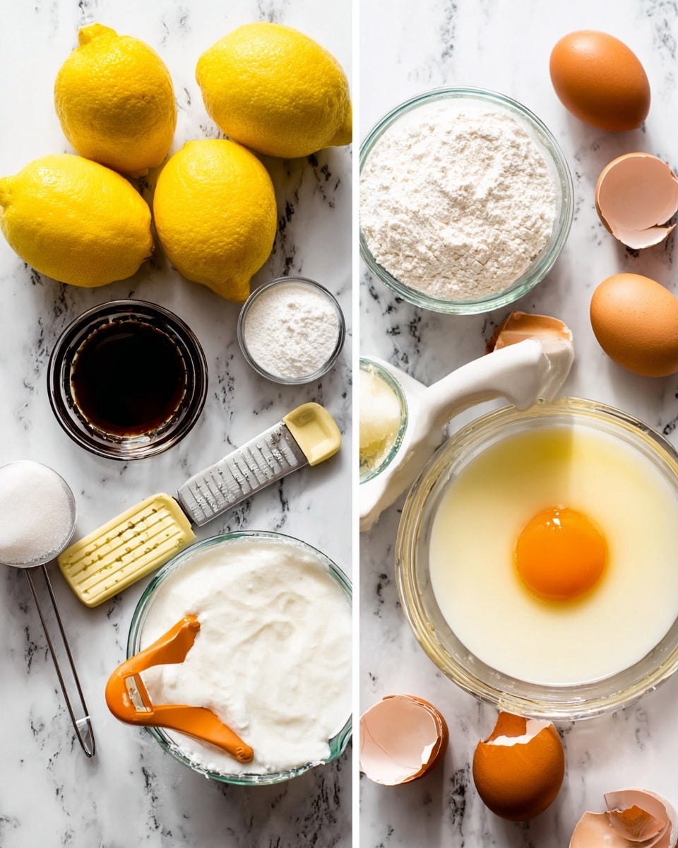 The image shows a top view of fresh baking ingredients on a white marbled surface. On the left side, there are four whole bright yellow lemons, one lemon cut in half showing its juicy inside, three brown eggs, a small glass bowl with a dark liquid (vanilla), a metal measuring scoop filled with white flour, a bowl with white sugar, and a glass cup with milk. A lemon zester is placed horizontally underneath the lemons. On the right side, there is a clear glass bowl with separated egg whites inside, and a white and orange ceramic egg yolk separator holding a bright orange yolk above the bowl. Broken eggshells are scattered around the bowl. photo taken with an iphone --ar 4:5 --v 7