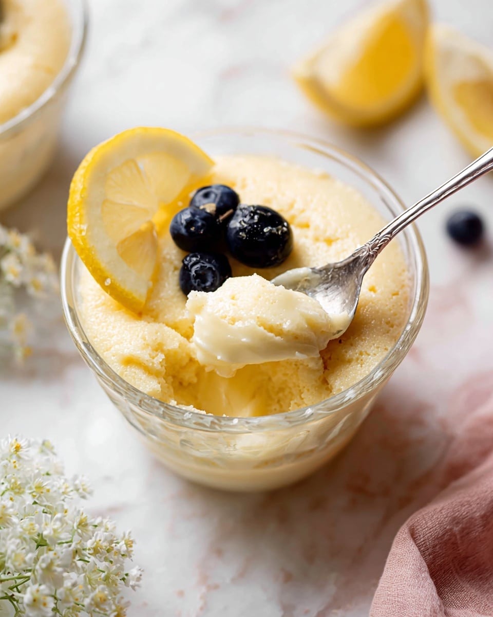 The image shows a clear glass bowl holding a lemon dessert with a light, soft, and fluffy texture in a pale yellow color. The dessert is topped with a thin slice of lemon on one side and two dark blue, glossy blueberries close to it. A silver spoon is scooping out some of the creamy lemon dessert in the center, revealing a smooth, slightly melted layer underneath. The bowl sits on a white marbled surface with a pink cloth and small white flowers nearby. Photo taken with an iphone --ar 4:5 --v 7