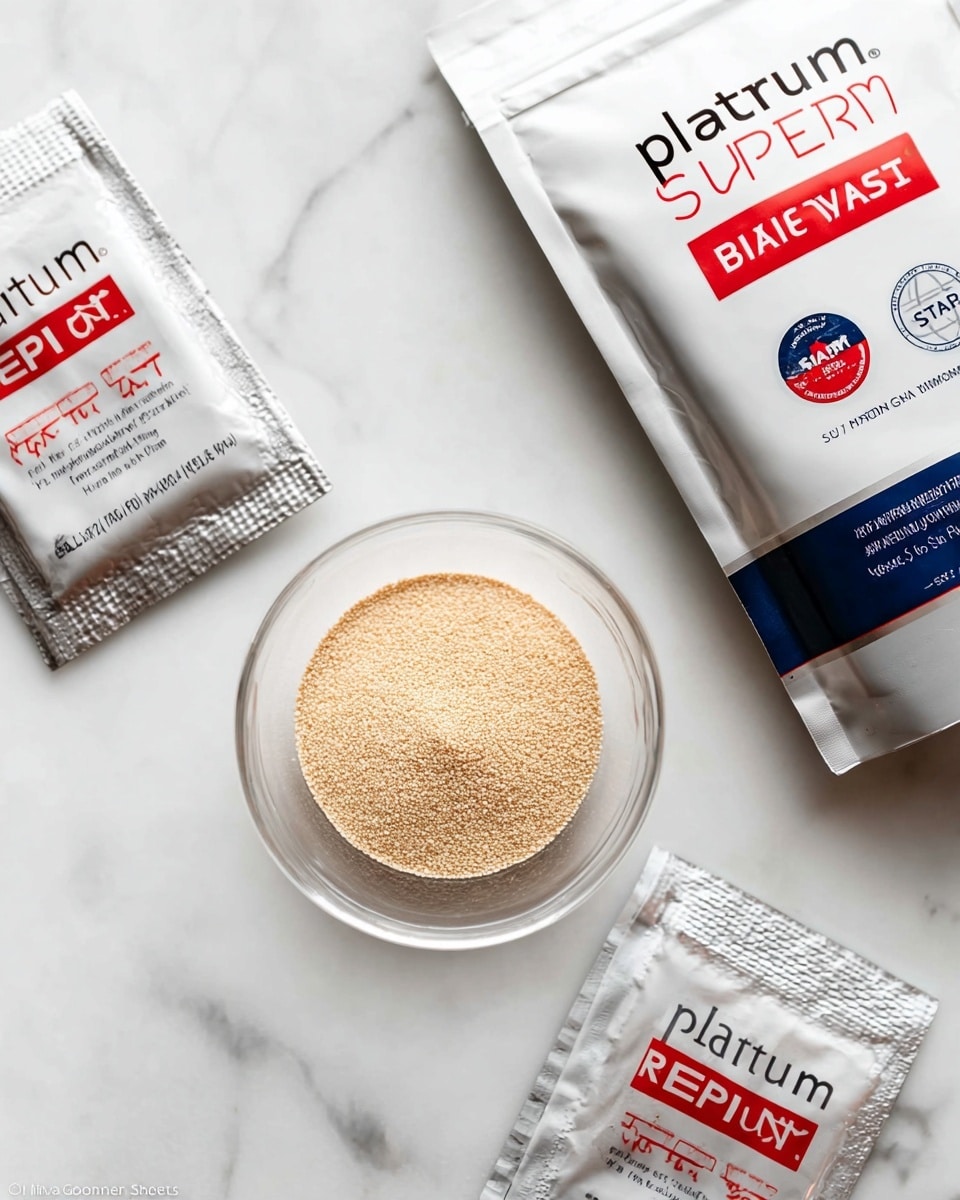 The image shows a small clear glass bowl filled with light tan granular yeast in the center on a white marbled surface. Around it, there are three white packets labeled