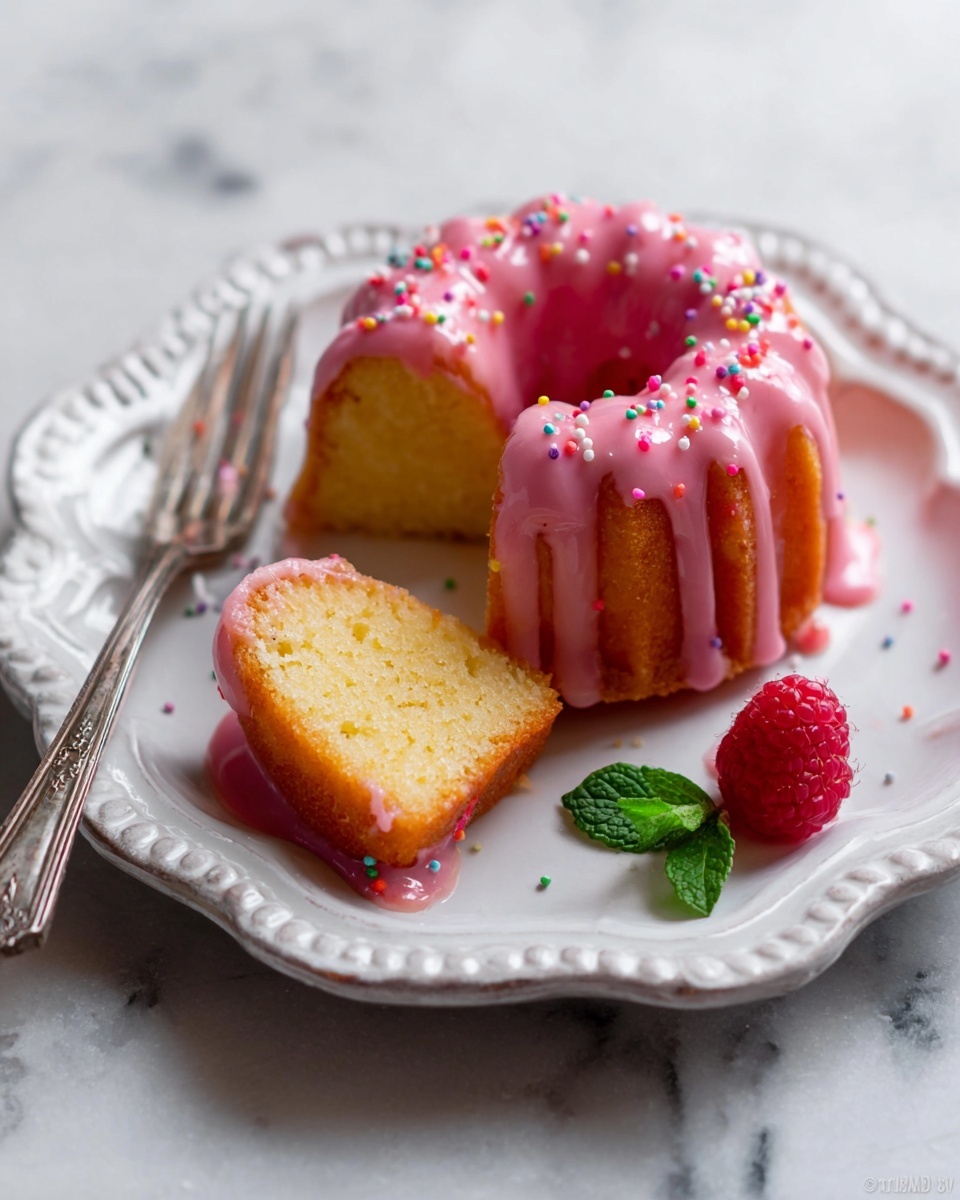 A small bundt cake with one slice placed beside it, showing a soft yellow texture inside. The cake is topped with shiny pink icing that drips down the sides and is decorated with small round colorful sprinkles. The cake sits on a round white plate with an elegant scalloped edge. A fresh red raspberry and a small green mint leaf are placed next to the cake. A silver fork with some pink icing on its tines rests on the plate near the cake. The background is a white marbled surface. photo taken with an iphone --ar 4:5 --v 7