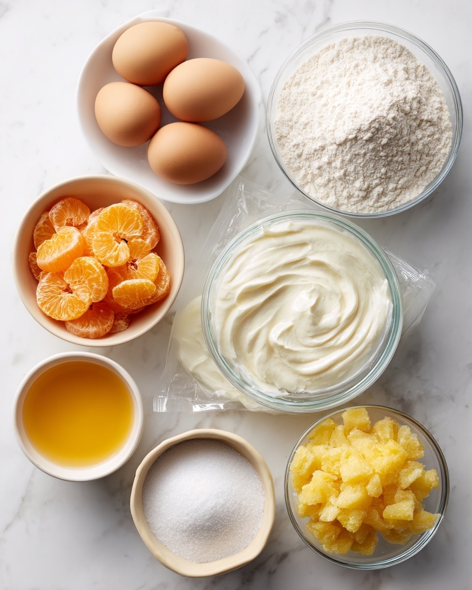 The image shows eight bowls and a sealed plastic bag of flour arranged on a white marbled surface. In the top left, a white bowl holds four light brown eggs. Below it, a beige bowl contains bright orange mandarin segments, next to a white bowl with a light yellow liquid. At the center is the clear plastic bag with white flour inside. To the right, a large clear bowl is filled with smooth white cream. Below it, a small white bowl holds fine white powder. Next to it, a clear bowl contains bright yellow crushed pineapple. In the bottom left corner, a beige bowl is filled with a golden liquid. All items are neatly placed, showcasing a variety of colors and textures. Photo taken with an iphone --ar 4:5 --v 7