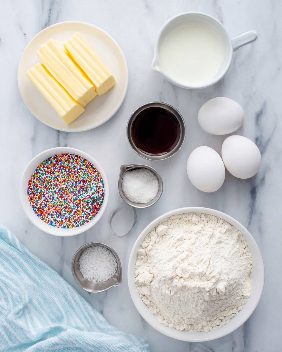 The image shows baking ingredients arranged neatly on a white marbled surface. There is a large white bowl full of flour on the right side, next to two white eggs placed side by side. Near the eggs, there is a small metal cup filled with dark vanilla extract, a small metal cup with a white powder which looks like baking powder, and another small metal cup with salt. On the left side, a small white bowl contains colorful rainbow sprinkles. Above that, another white bowl holds a white liquid, likely milk. Near the top left corner, three sticks of butter are placed on a white plate. A light blue and white striped cloth is partially visible at the bottom left corner. The setup is clear, bright, and organized, showing raw ingredients ready for baking. photo taken with an iphone --ar 4:5 --v 7