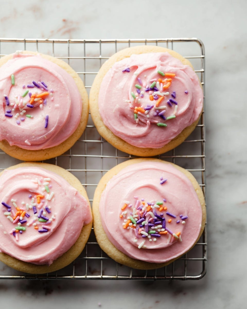 The image shows four round cookies arranged closely on a silver metal cooling rack. Each cookie has a base layer of light golden-brown dough, topped with a thick layer of soft, smooth pink frosting spread in a circular motion. On top of the frosting, there are small, colorful sprinkles scattered in a random pattern, featuring shades of purple, white, orange, green, and yellow. The background is a white marbled surface. photo taken with an iphone --ar 4:5 --v 7