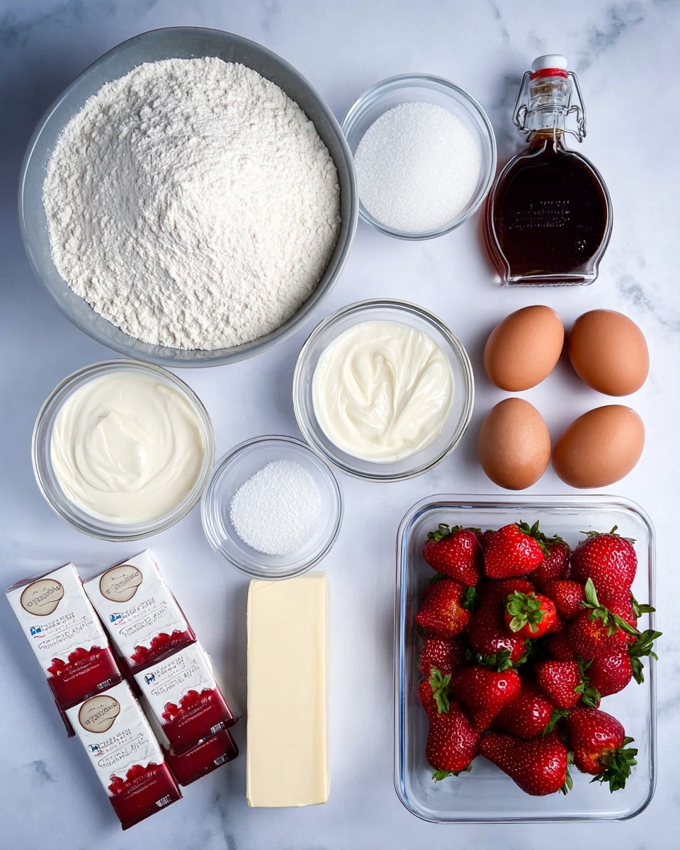 The image shows a top view of baking ingredients arranged neatly on a white marbled surface. On the left, there is a large gray bowl filled with white flour with a small pile in the center. Next to it, in a small clear glass bowl, is a white creamy substance that looks like sour cream or yogurt. Below that, two small bowls hold white sugar and baking powder. A stick of butter, still in its wrapper, lies near the sugar bowl. To the right, there are two whole brown eggs placed side by side. Next to the eggs, two bars of white chocolate with a red berry cheesecake image on the packaging are placed. A small jar with a swing-top lid contains dark vanilla extract. In the bottom right, a clear plastic container holds large, bright red strawberries with green leaves. Finally, a glass measuring cup contains granulated sugar. All items are evenly spaced on the white marbled background, creating a clean and organized look. Photo taken with an iphone --ar 4:5 --v 7