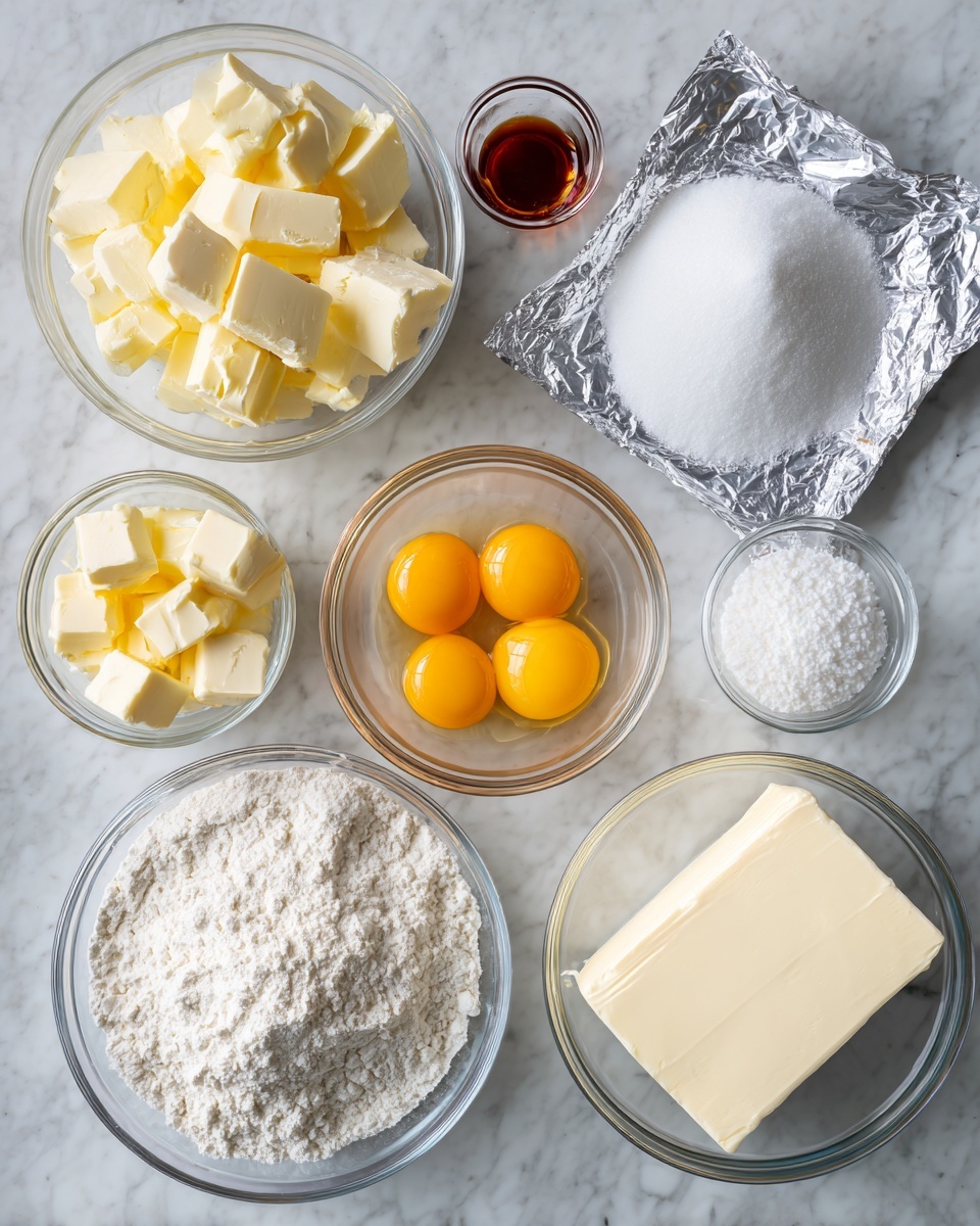 The image shows six clear glass bowls and one silver foil packet arranged on a white marbled texture. In the bottom left, there is a bowl filled with white flour, having a fine powder texture. To its right is a bowl with six raw eggs, showing bright yellow yolks surrounded by translucent egg whites. Above that, a bowl contains fine white granulated sugar forming a smooth mound. Next to the sugar is a small clear bowl filled with a dark amber liquid, likely vanilla extract. Above the eggs and sugar is a bowl of cubed butter, showing pale yellow smooth cubes stacked loosely. On the top right, there is a silver foil packet, partially open, revealing a rectangular white block of cream cheese with a soft, smooth texture. The bowls and ingredients are evenly spaced on the marbled surface. Photo taken with an iphone --ar 4:5 --v 7