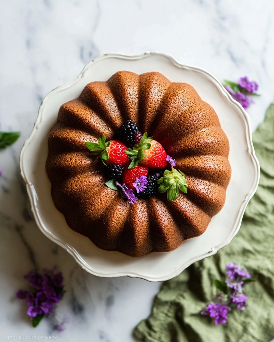 A single layer, bundt-shaped brown cake with a textured surface sits on a white scalloped plate. In the center of the cake, there is a small pile of fresh fruit, including bright red strawberries with green tops, dark blackberries, and deep blue blueberries, garnished with small purple edible flowers and green leaves. The plate rests on a white marbled surface with a green cloth in the lower right corner and a few small purple flowers around. The image has soft, natural lighting that highlights the cake’s curves and the freshness of the fruit. photo taken with an iphone --ar 4:5 --v 7