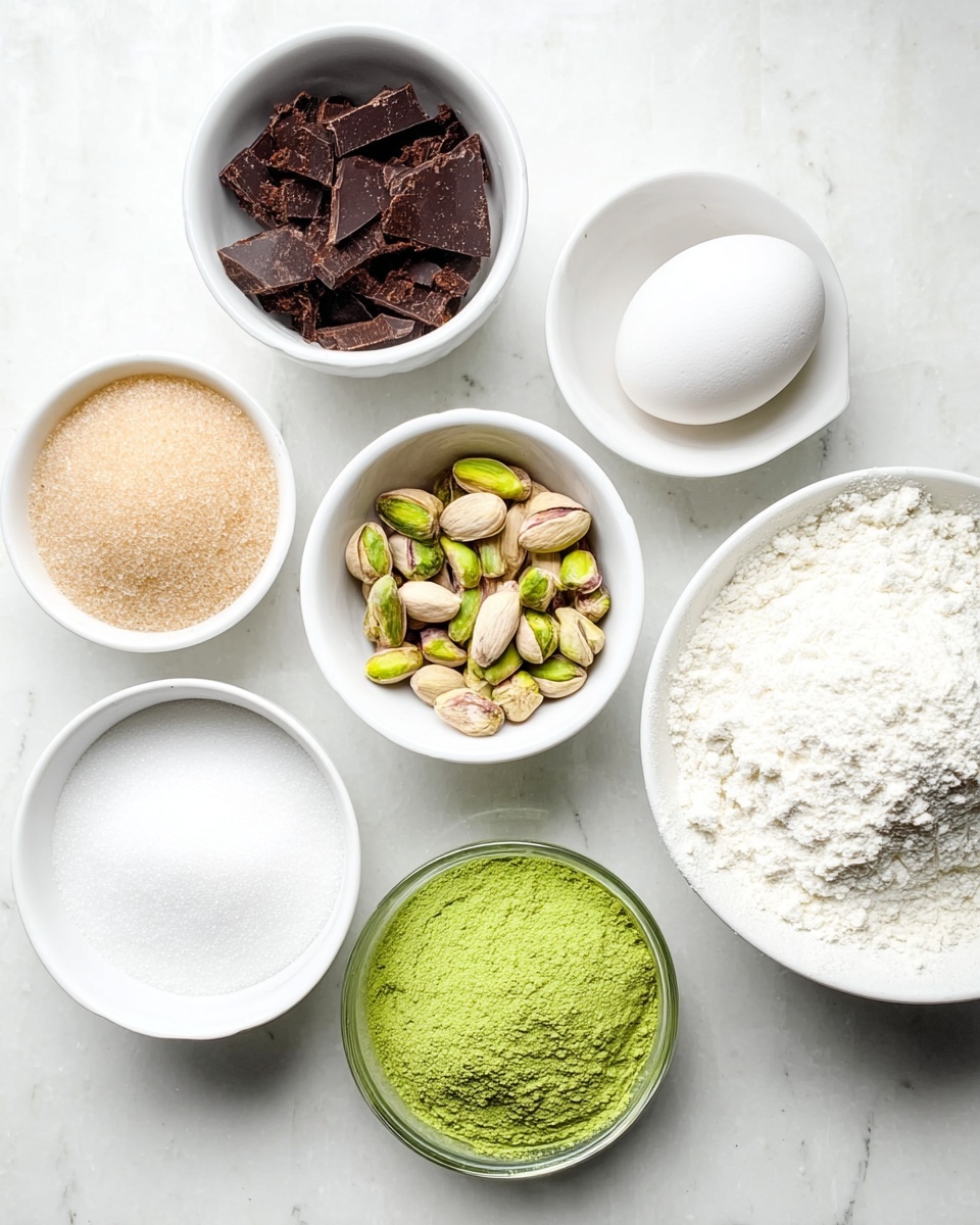 A white marbled surface holds seven containers arranged in a loose circle, each filled with different baking ingredients. At the top left, a small white bowl contains chopped dark chocolate pieces showing rough textures and deep brown color. To the right of it, a single white egg rests directly on the surface. Next to the egg is another white bowl filled with light green and beige pistachio nuts, some still in their shells. At the bottom left, a white bowl holds granulated white sugar with a smooth surface, while next to it is a clear glass bowl filled with light brown sugar crystals, neatly rounded at the top. On the right side, a large white bowl is filled with fine white flour, showing a soft and powdery texture. Finally, towards the bottom right corner, a small white bowl contains bright green matcha powder with a fine, powdery texture. photo taken with an iphone --ar 4:5 --v 7