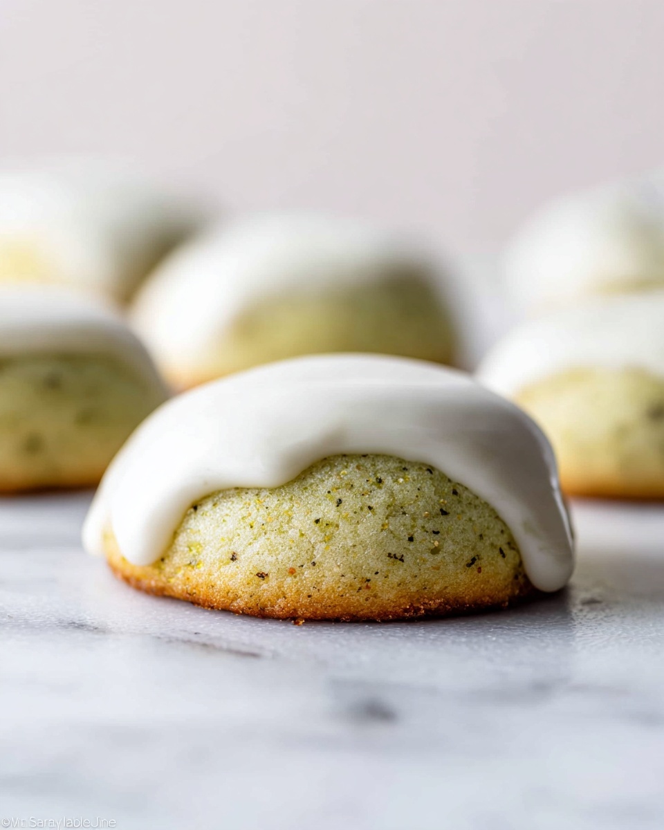 The image shows a close-up of small round cookies with a light greenish-yellow base that has a slightly crumbly texture and some visible specks inside. Each cookie is topped with a thick, smooth layer of white icing that slightly drips over the edges. The cookies are set against a white marbled surface, and several more cookies are softly blurred in the background. photo taken with an iphone --ar 4:5 --v 7
