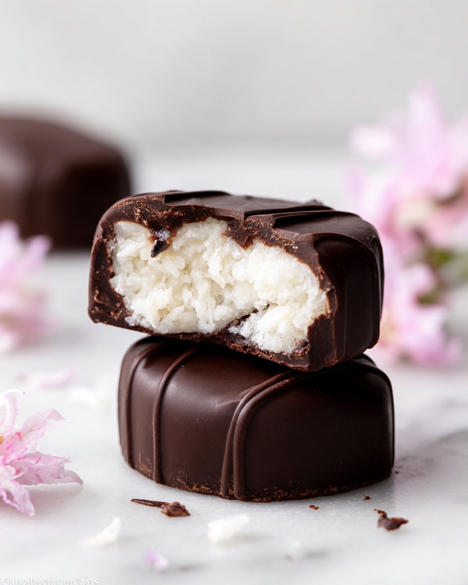 The image shows two dark chocolate covered coconut candy pieces stacked on a white marbled surface. The top candy is cut open, revealing a thick, white, crumbly coconut filling with a few small dark chocolate bits inside. The dark chocolate outer layer is smooth with fine ridges on top and has a shiny texture, slightly cracked at the edges where the candy is broken. In the background, there is one whole chocolate candy piece out of focus and soft pink flowers scattered around, adding a delicate touch. Photo taken with an iphone --ar 4:5 --v 7