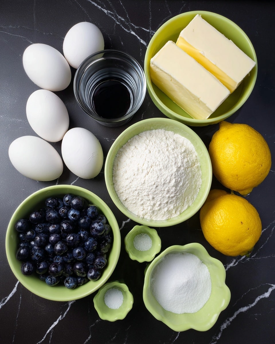 A top view of baking ingredients arranged on a dark surface changed to a white marbled texture. There are three white eggs placed near two sticks of butter, stacked one on top of the other. Next to the eggs is a small clear glass with a dark liquid inside. Three light green bowls hold different dry ingredients, one filled with white sugar, another with white flour, and the third with fresh dark blueberries. Two bright yellow lemons rest near two small green silicone cups, one holding a white powder and the other a small amount of salt. photo taken with an iphone --ar 4:5 --v 7