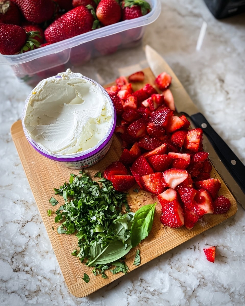 The image shows a cutting board with three layers: on the left bottom, a round container of white creamy cheese with its purple lid underneath; next to the cheese container is a small pile of finely sliced green leaves; beside the green leaves is a larger pile of freshly chopped bright red strawberries with varying sizes and juicy texture; on the right side of the board, a few whole green leaves are placed; the knife with a bit of white cheese on its blade rests at the bottom edge of the board; in the background, a clear plastic container holds whole strawberries, and the whole scene sits on a white marbled surface. photo taken with an iphone --ar 4:5 --v 7