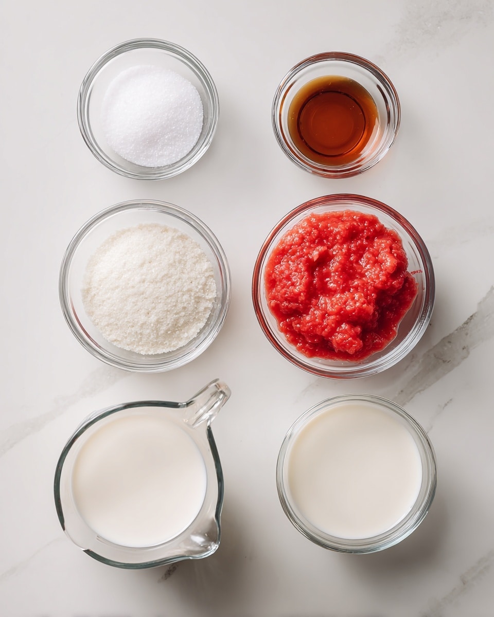 The image shows six small bowls and measuring cups arranged on a white marbled surface. In the top row, from left to right, there is a small glass bowl with white salt, a small glass bowl containing a brown liquid, a clear glass bowl filled with bright red mashed strawberries, and another clear glass bowl filled with a white granulated substance, likely sugar. In the bottom row, there is a glass measuring cup filled with thick white liquid, possibly egg whites, to the left, and another glass measuring cup with smooth white milk to the right. The colors range from bright red to white and brown, with smooth and chunky textures visible. Photo taken with an iphone --ar 4:5 --v 7