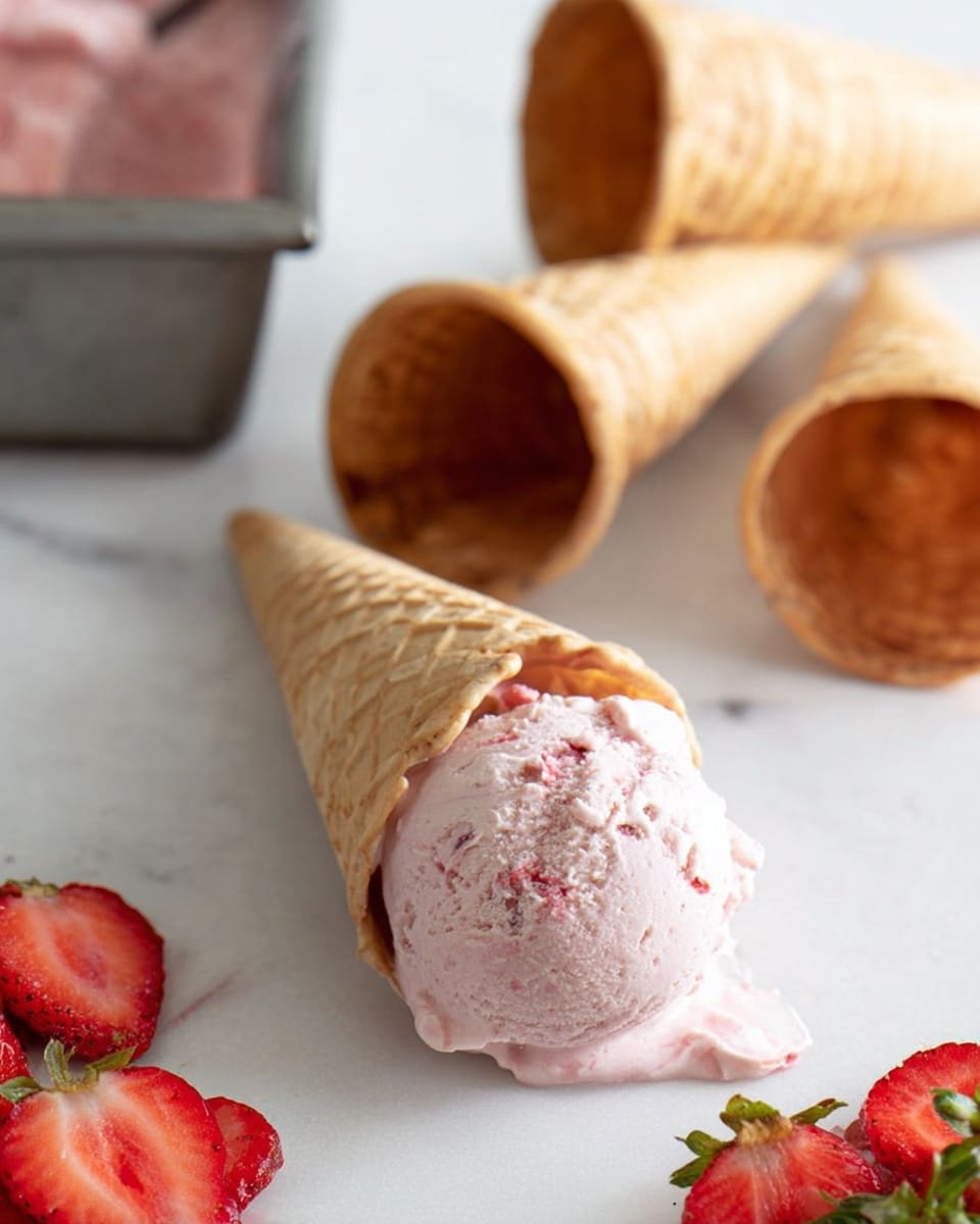 The image shows one scoop of light pink strawberry ice cream with visible small red strawberry bits, placed inside a light brown waffle cone lying on its side on a white marbled surface. Nearby, there are three more empty waffle cones, also light brown, arranged loosely in the background. In the foreground, toward the right corner, there are bright red sliced strawberries with green leaves. On the left edge, a metal tray with more pink ice cream can be partly seen. The scene is softly lit with a clean and fresh look. Photo taken with an iphone --ar 4:5 --v 7
