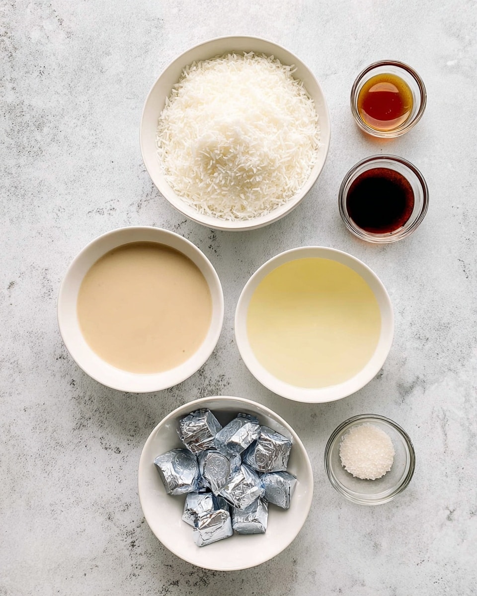 The image shows six bowls and small glass containers set on a white marbled surface. At the top center, there is a white bowl filled with a fluffy layer of white shredded coconut. Below it and slightly left, there is a white bowl with a thick, creamy beige liquid. Below that is another white bowl filled with a clear, light yellow liquid. To the right of these bowls, there are two small clear glass containers: the top one holds a dark brown liquid, and the bottom one contains a small pile of white granules. At the bottom center, a white bowl is filled with many silver-wrapped chocolate pieces. Photo taken with an iphone --ar 4:5 --v 7