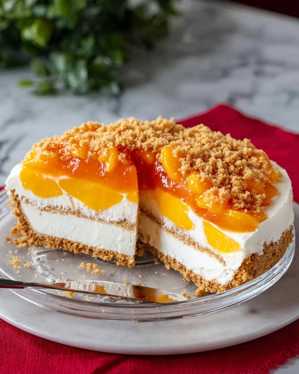 A sliced pie with four visible layers sits on a clear glass plate on a white marbled surface with a red cloth under it; the bottom layer is a crumbly light brown crust, above this is a thick white creamy layer followed by a bright orange smooth fruit layer, topped with another thick white creamy layer, a final bright orange chunky fruit layer, and sprinkled with more crumbly light brown topping all over; a silver butter knife lies nearby with a green plant blurred in the background photo taken with an iphone --ar 4:5 --v 7