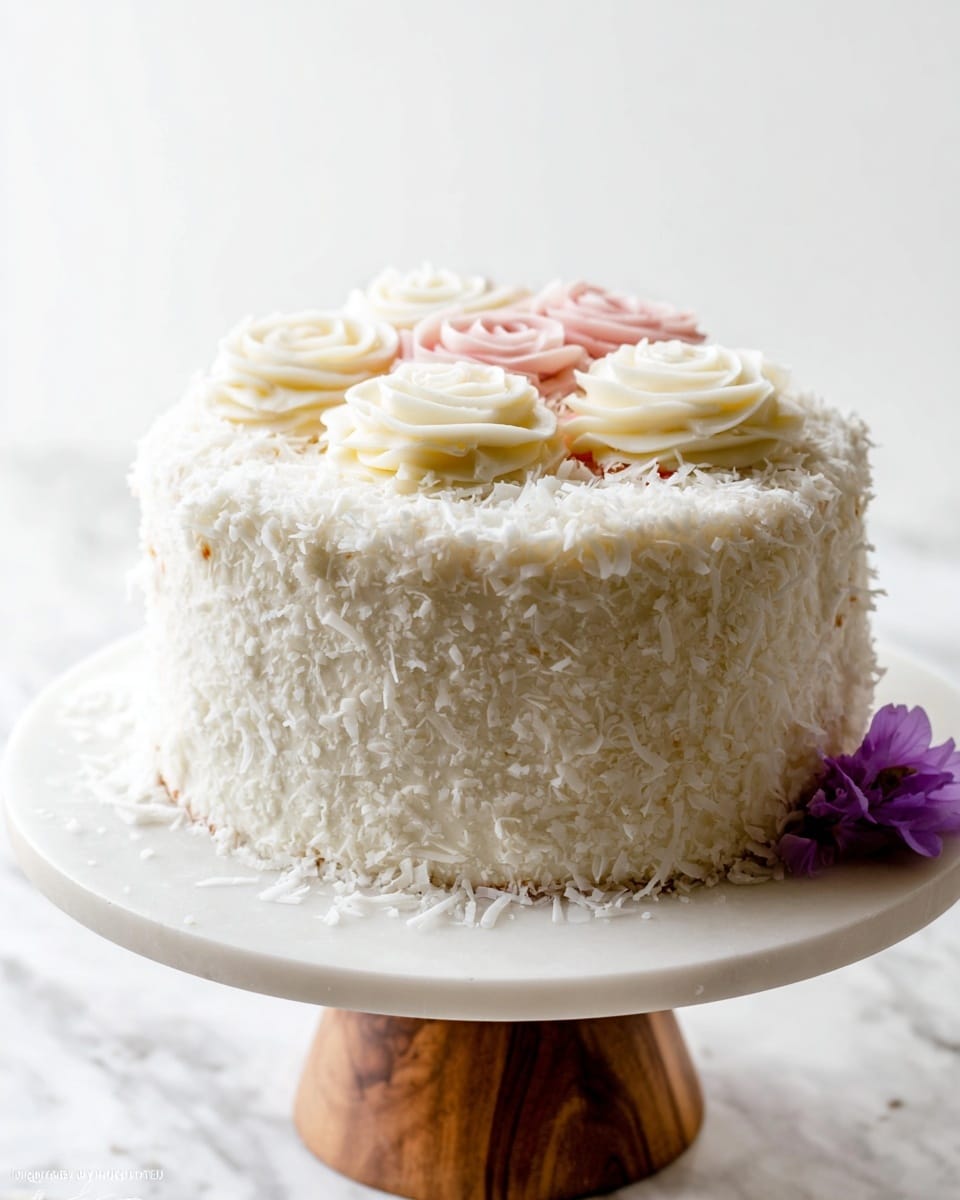 The image shows a round white cake with a thick layer of white textured coconut flakes covering its sides and top. On top of the cake, there are six decorative rose-shaped flowers made of frosting in soft colors like white, cream, and light pink arranged closely together. The cake is placed on a white marble cake stand with a wooden base. A small purple flower rests on the edge of the cake stand. The background is a clean white marble surface with soft natural light, highlighting the cake's delicate details and textures. photo taken with an iphone --ar 4:5 --v 7