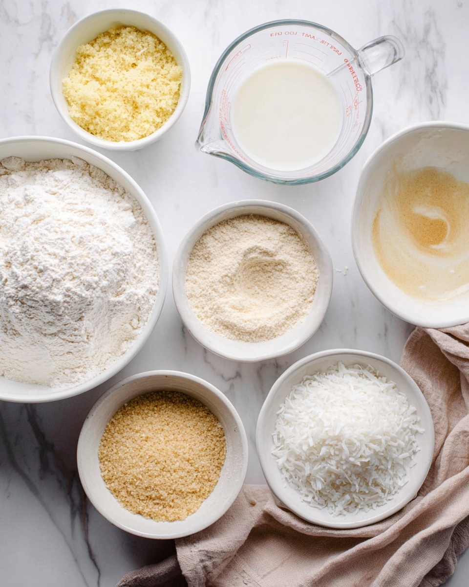 The image shows six white bowls with different ingredients placed on a white marbled surface. The largest bowl on the left holds white flour sprinkled with some baking powder, creating a fine, powdery texture. Above it, a smaller bowl contains a yellowish crushed mixture with a soft, slightly grainy texture. In the center at the top, a clear glass measuring cup holds a smooth white liquid. To its right, a bowl contains a light beige powder with a wet spot in the middle. Below, in the center, a bowl has a coarse, light brown sugar-like granule mixture. The bottom right bowl is filled with fine white flakes that look like shredded coconut. A beige cloth is partly visible beneath the bowls. photo taken with an iphone --ar 4:5 --v 7