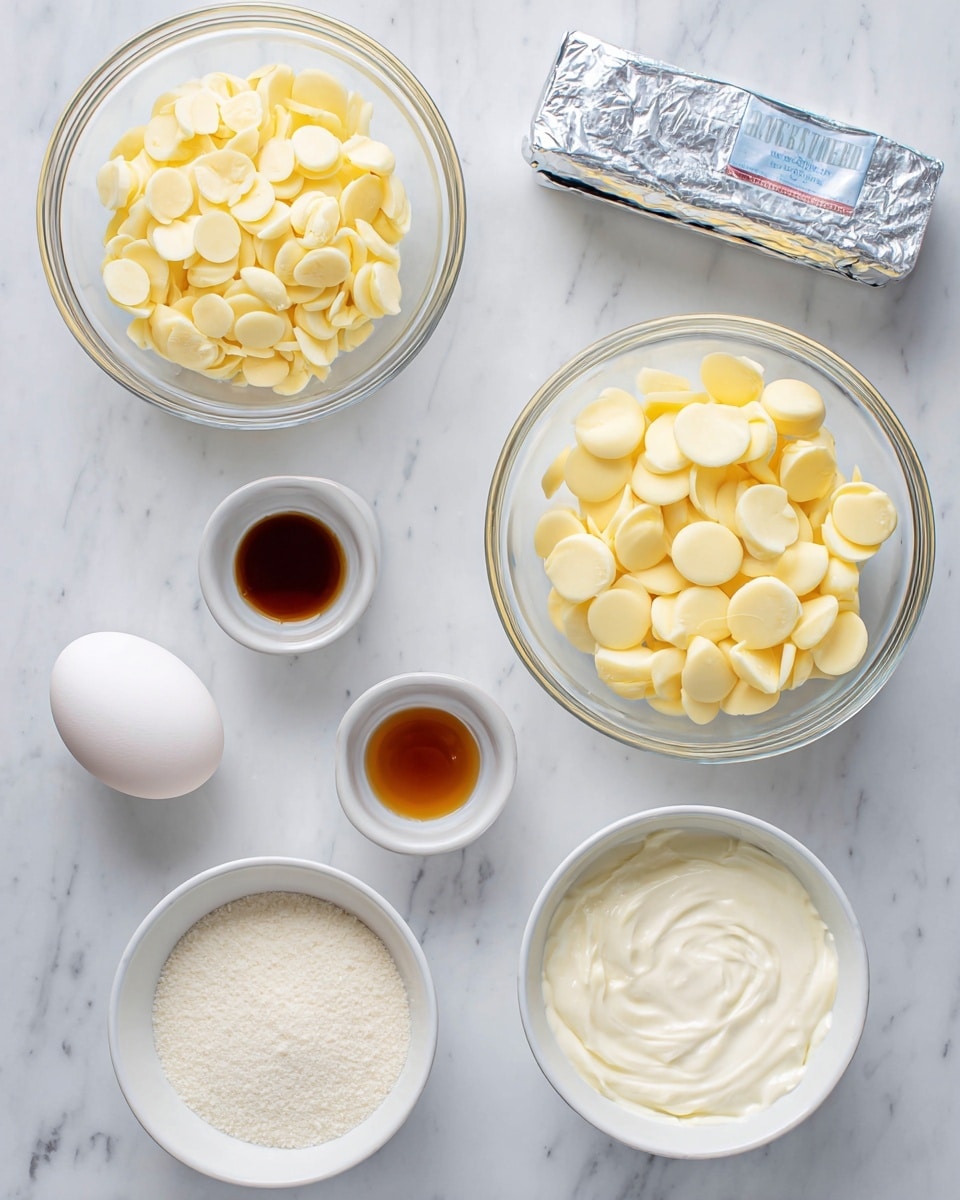 A top-down view shows ingredients neatly placed on a white marbled surface, including two clear glass bowls filled with yellowish cream chips and white chocolate chips, a white egg, a wrapped silver butter stick, and three small white bowls containing brown vanilla extract, white sugar, and thick white cream. The items are spaced out evenly, emphasizing their distinct colors and textures against the clean marble background. photo taken with an iphone --ar 4:5 --v 7