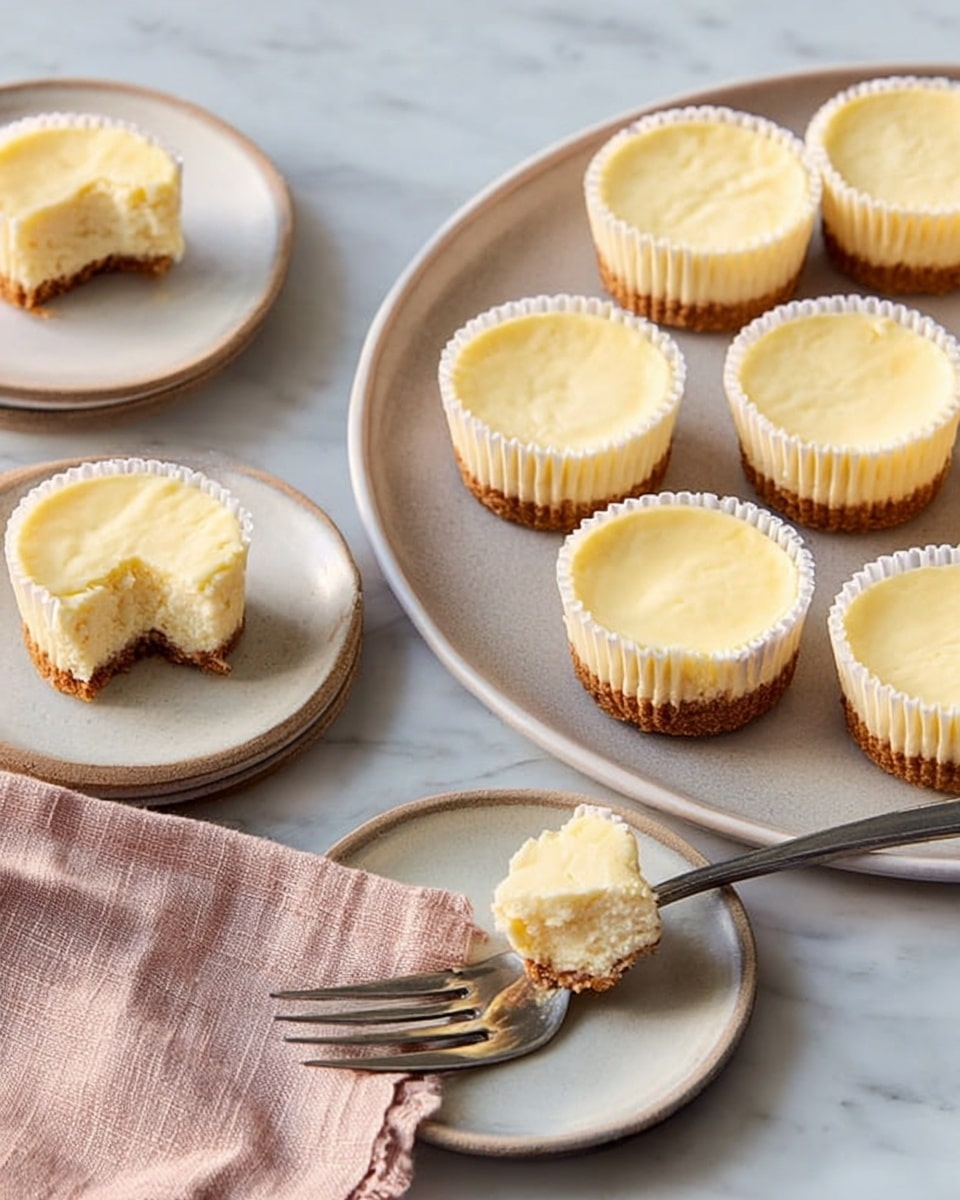 The image shows seven small cheesecake cups with a light yellow, smooth creamy top layer resting on a light brown crumbly base, each in white paper liners. They are placed on a round white plate on a white marbled surface. Next to the plate, two smaller round white plates each hold one cheesecake cup; one cheesecake on the lower plate has a bite taken out, showing the creamy top layer and thick crumbly base, pierced by a silver fork held by a woman's hand. There is also a folded beige cloth napkin on the left side. The lighting is natural and soft, creating gentle shadows. photo taken with an iphone --ar 4:5 --v 7