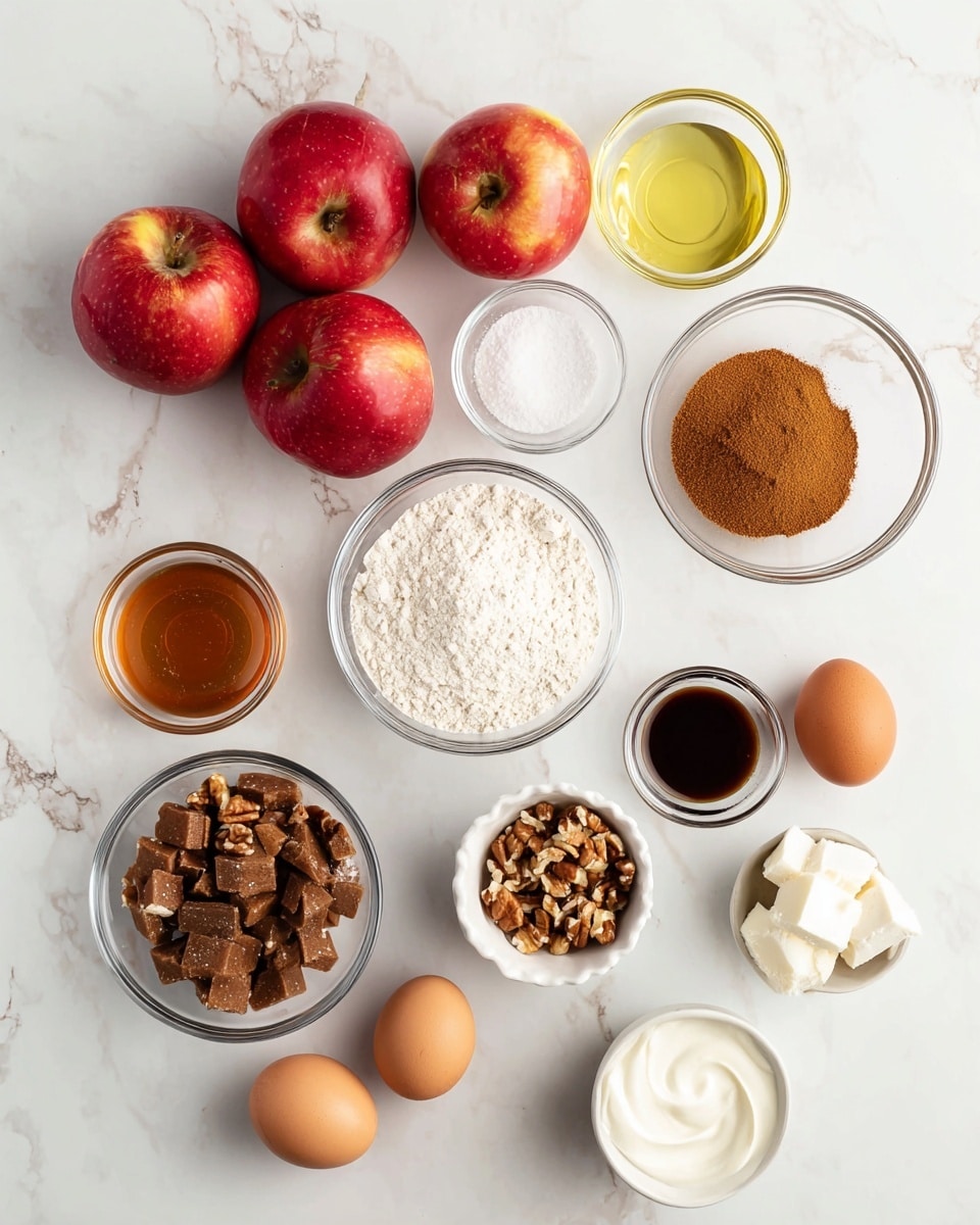 Three bright red apples with a smooth shiny surface are placed together on the top left on a white marbled texture. Around them are several small clear glass bowls; one with a light yellow oil, one with white powdered sugar, one with dark brown vanilla extract, one with white salt, and one with brown cinnamon powder. Three white ceramic bowls hold flour, chopped brown pecans, and caramel squares. Two brown eggs, a bowl of light brown sugar, a bowl of white granulated sugar, and a small bowl of cream also surround the apples and bowls on the white marbled surface. Photo taken with an iphone --ar 4:5 --v 7