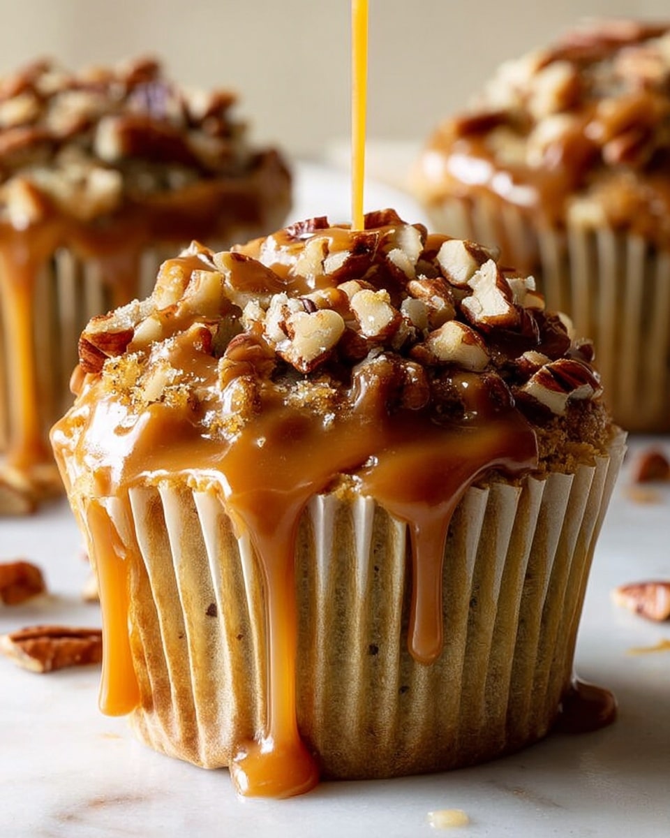 A single cupcake with a light brown base in a crinkled beige paper liner, topped with a thick smooth layer of caramel sauce dripping down the sides. On top of the caramel, there are many broken pieces of pecans scattered unevenly, adding texture and a dark brown color contrast. The cupcake is set on a white marbled surface, with two more similar cupcakes blurred softly in the background. The image has warm lighting highlighting the shine on the caramel and the rough texture of the nuts. Photo taken with an iphone --ar 4:5 --v 7