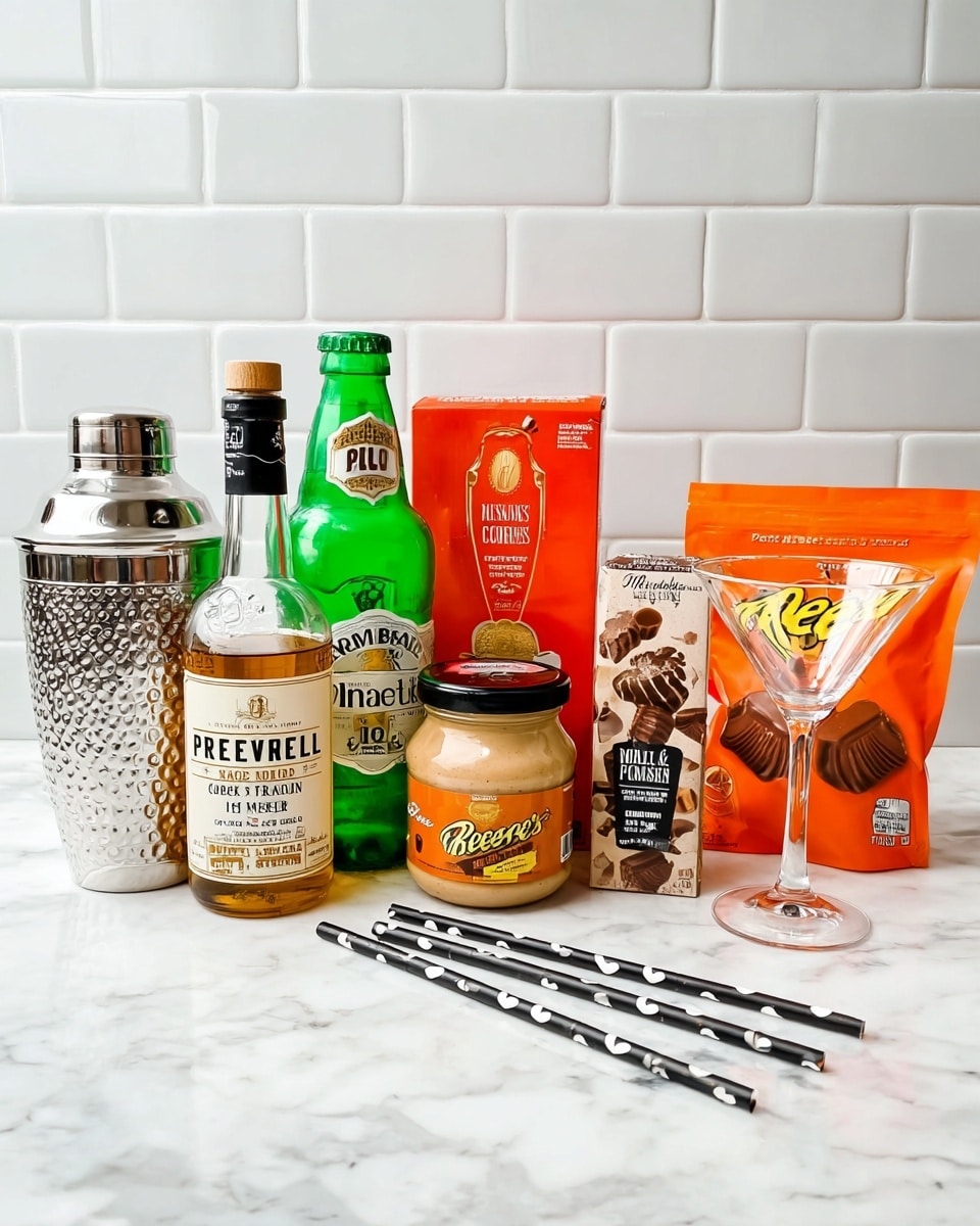 The image shows a group of drink-making items placed in a row on a white marbled surface with a tiled white marbled wall in the background. From left to right, there is a silver cocktail shaker with a textured pattern, a clear bottle of Skrewball peanut butter whiskey with a white label, a green bottle of Shamrock Farms whole chocolate milk, a bright orange box of Reese’s pieces, a jar of creamy peanut butter with a red lid and beige contents, a small black bottle of Baileys Minis Irish cream, a larger orange bag of Reese’s mini peanut butter cups, and an empty clear martini glass. In front of the middle items, two black straws with white hearts lie diagonally across the surface. The colors range from bright orange, brown, and green to metallic silver, white, and clear glass. The setup gives a clean and inviting look. photo taken with an iphone --ar 4:5 --v 7