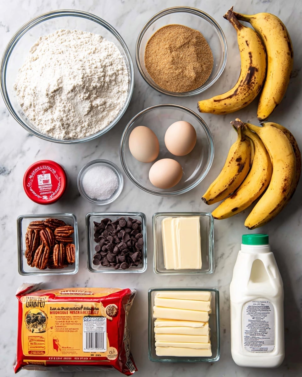 The image shows a top-down view of a white marbled surface with various baking ingredients neatly arranged. There is one large glass bowl in the top left filled with white flour, next to a smaller glass bowl with packed light brown sugar. Two ripe bananas with dark spots sit to the right. Below the flour and sugar are two eggs placed side by side. On the lower left is a container of ground cinnamon with a red lid, next to a salt shaker. Centered below the eggs are small square glass bowls with pecan halves and dark chocolate chips. To the right, two sticks of pale yellow butter are stacked. Below the chocolates is a pack of baking soda with bright orange packaging and a large red container of baking powder. Lastly, a white plastic bottle with a black cap labeled vanilla extract and a white plastic container of buttermilk with a green cap are on the bottom right. The photo taken with an iphone --ar 4:5 --v 7