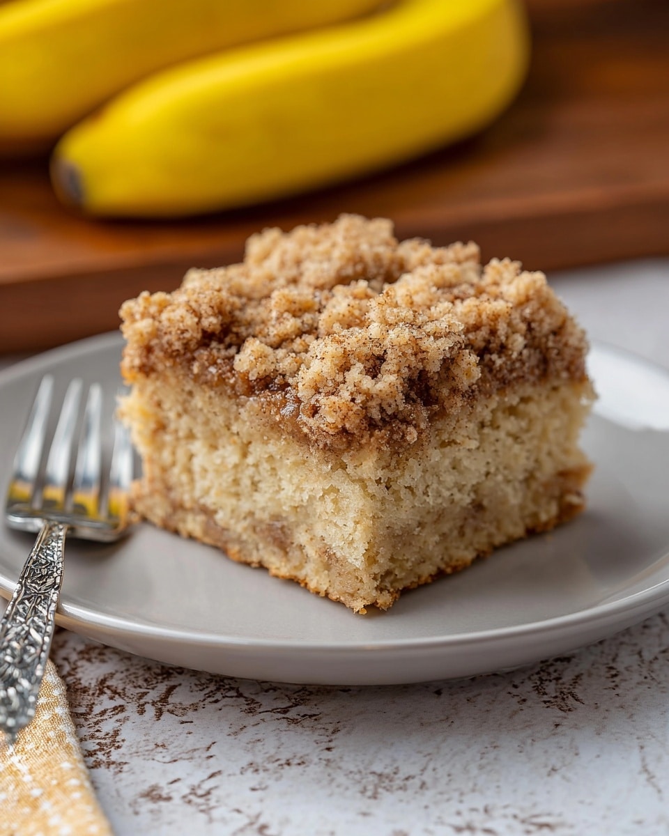 A square piece of crumb cake sits in the middle of a white plate, showing two main layers. The bottom layer is thick and light tan with a soft, crumbly texture and small bits of darker specks inside. The top layer is a thinner, uneven crumble with a mix of golden brown and darker brown colors, giving a rough, crunchy look. The plate is on a wooden table, and a silver fork with decorative patterns rests nearby in the bottom left corner. Yellow bananas are blurred in the background, and the whole scene is set against a white marbled texture. photo taken with an iphone --ar 4:5 --v 7