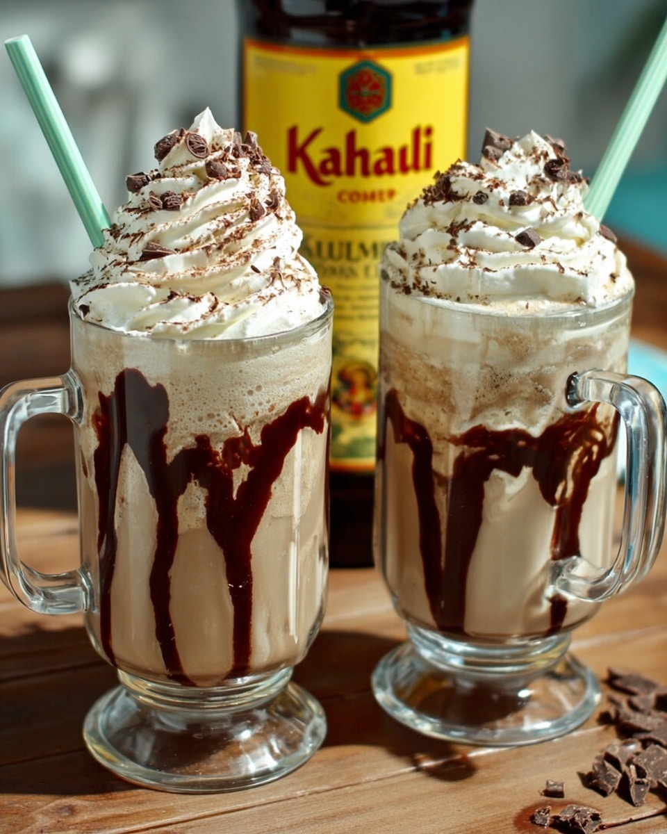Two clear glass mugs each filled with a creamy, light beige drink showing thick, dark brown chocolate syrup drizzled inside the mugs creating uneven vertical streaks. The drinks are topped with a large swirl of white whipped cream sprinkled with small dark chocolate pieces. Each mug has a light green straw placed inside. The mugs are placed on a wooden surface with a yellow bottle marked