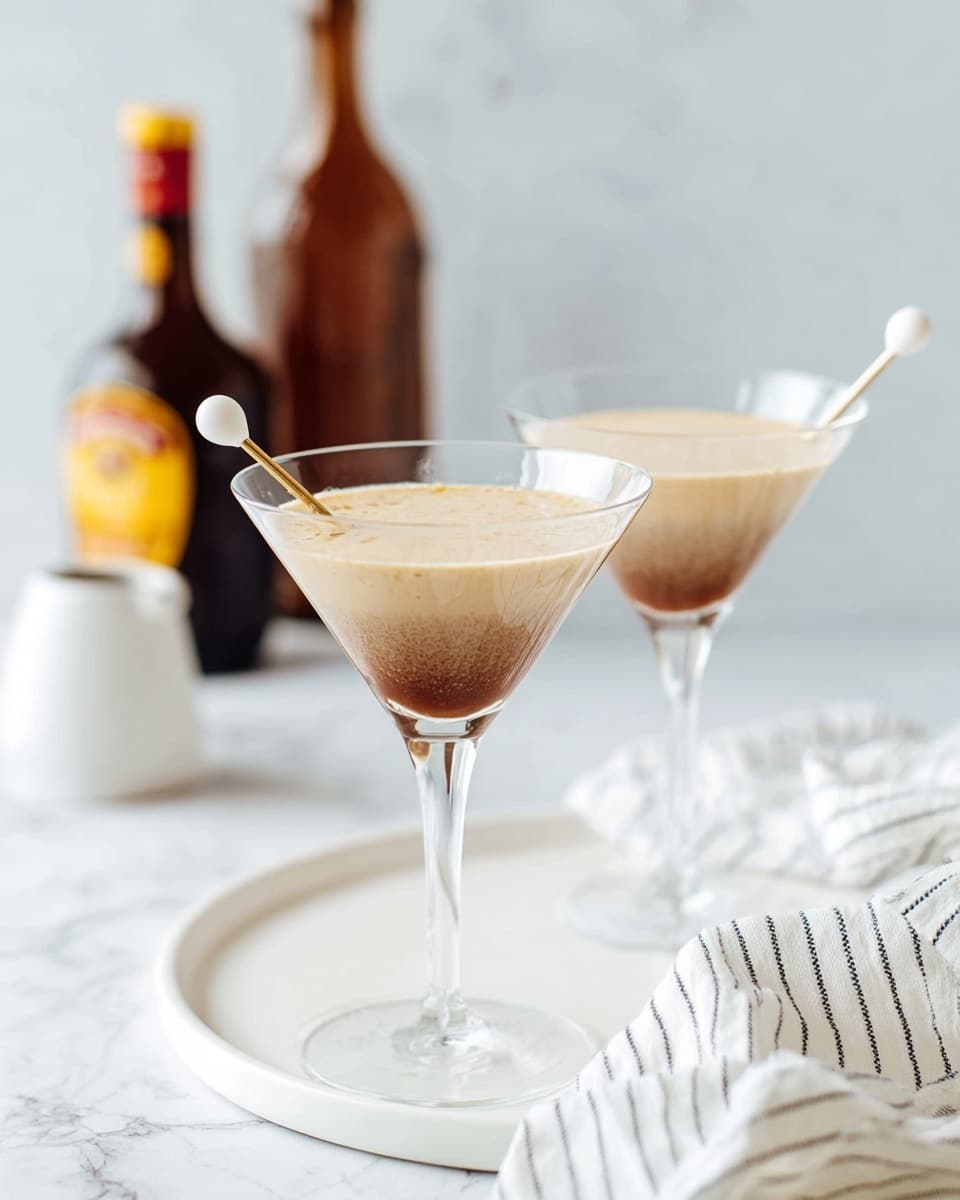 Two clear martini glasses filled halfway with a creamy light brown drink topped with a slightly darker brown layer. Each glass has a white ball-tipped stirrer placed inside, leaning against the rim. They sit on a round white plate on a white marbled surface. A soft focus shows two brown bottles in the background, along with a small white jug. A crumpled white cloth with thin dark stripes lies next to the plate. The photo taken with an iphone --ar 4:5 --v 7