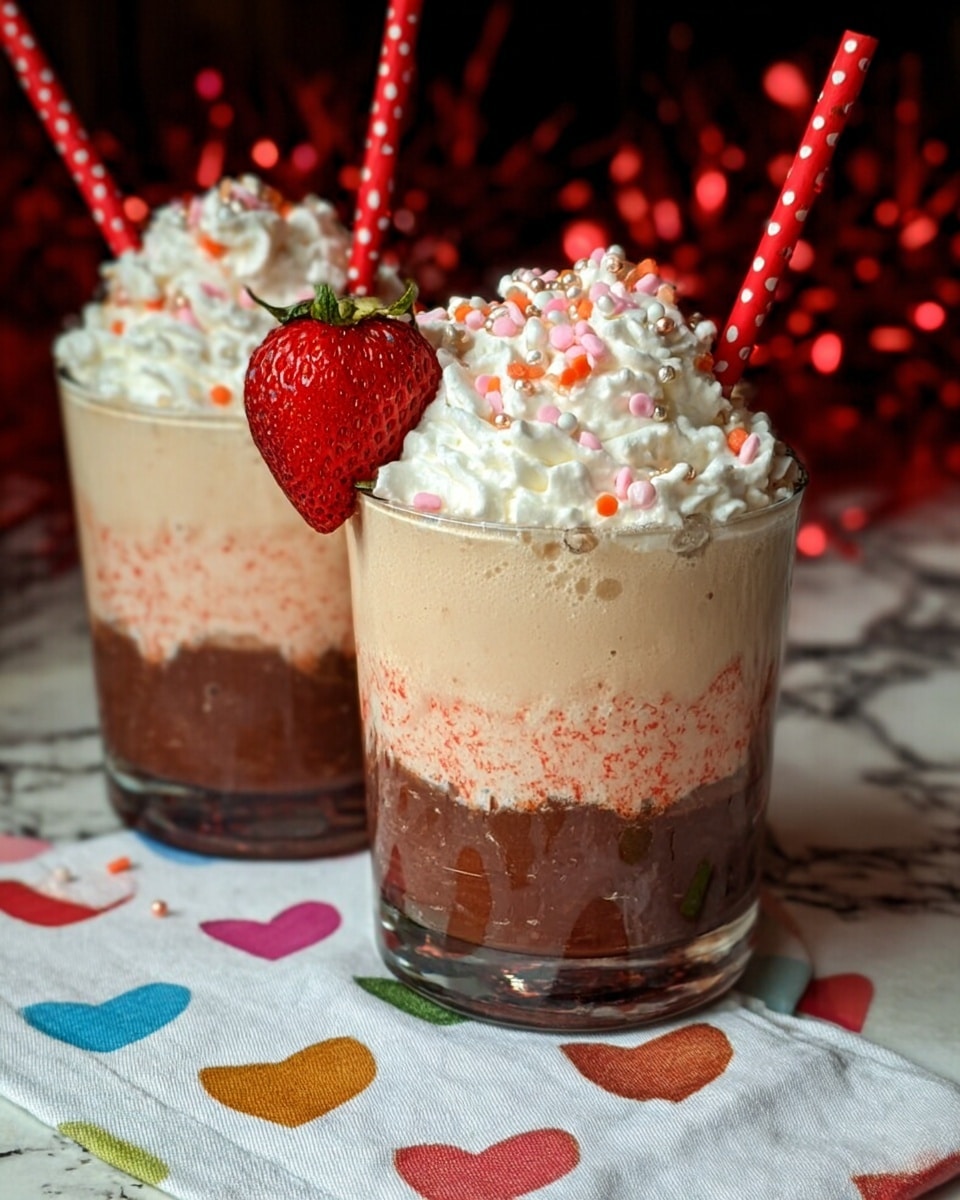 Two clear glass cups show a layered drink with three main parts. The bottom layer is dark brown, thick and chunky, filling about one-third of the cup. Above this is a light beige creamy layer with small red specks mixed in, making up the middle third. The top layer is white whipped cream with tiny red, pink, and orange round sprinkles on it. A fresh red strawberry is placed on the rim of each cup. Each drink has a red straw with white polka dots sticking out from the whipped cream. The cups are set on a white cloth with colorful heart shapes, all on a white marbled surface. The background is dark with small red shiny decorations. photo taken with an iphone --ar 4:5 --v 7
