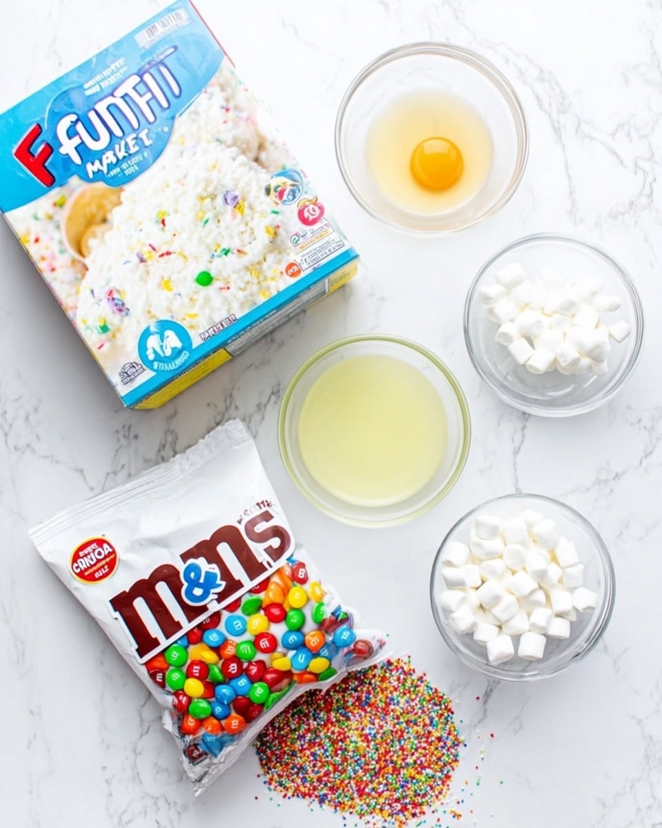The image shows a white surface with a white Funfetti cake mix box on the left side. To the right, there are three clear glass bowls arranged in a line: the first bowl holds a cracked egg, the second has a pale yellow liquid, and the third contains small white marshmallows. Below these bowls, there is a white bag of M&M's with colorful candy-coated chocolates visible through the packaging. Next to the M&M's, there is an open small clear bag of rainbow sprinkles spilling onto the surface. The overall setup looks bright and colorful on a white marbled texture. photo taken with an iphone --ar 4:5 --v 7
