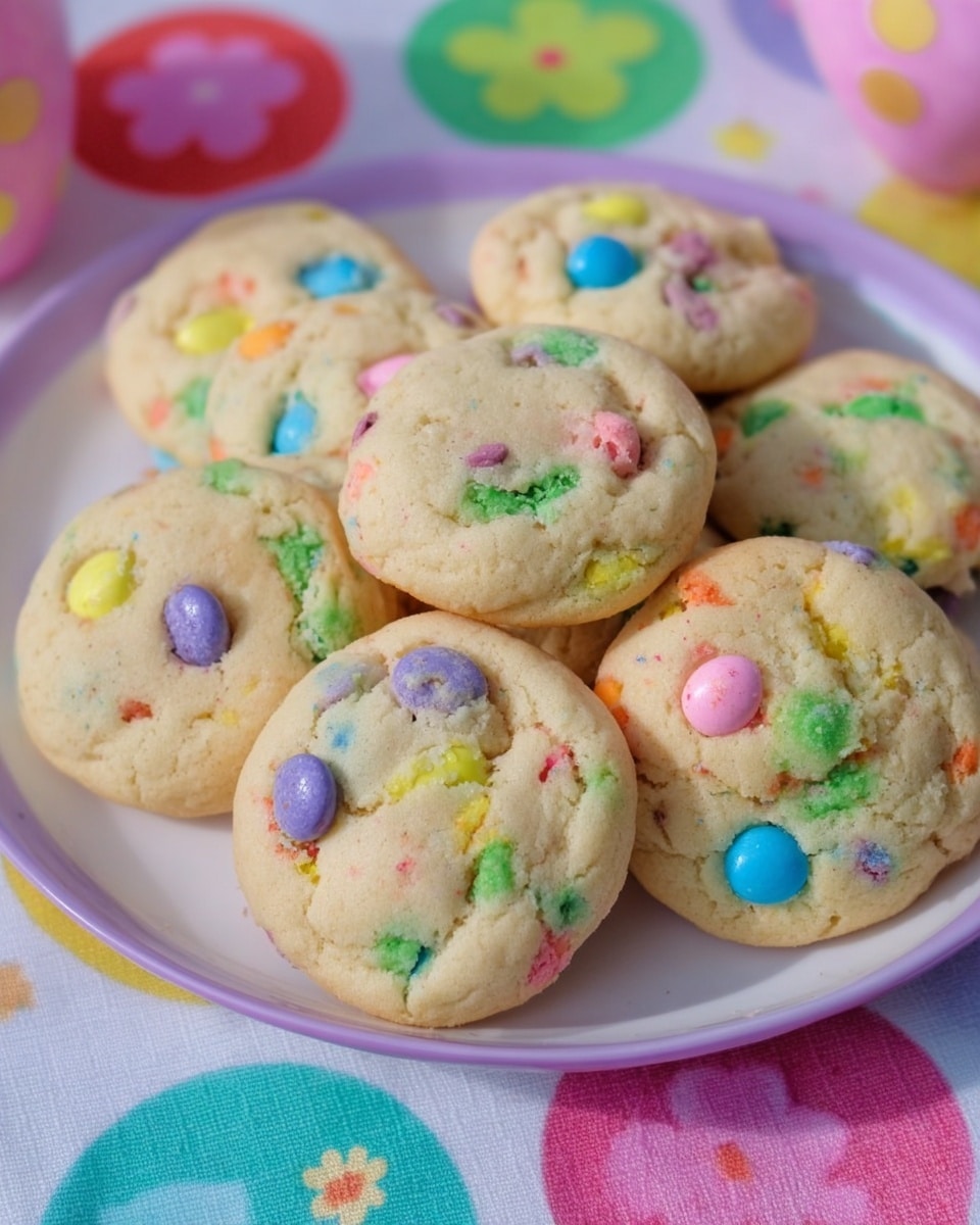 A close-up view of a pile of soft, round cookies on a white plate with a pastel purple rim. The cookies are light beige in color with smooth, slightly cracked surfaces, filled with colorful small chocolate pieces in blue, green, yellow, pink, and purple scattered throughout. The plate sits on a table covered with a white cloth that has large, bright pastel-colored polka dots with flower patterns inside each dot. The photo taken with an iphone --ar 4:5 --v 7
