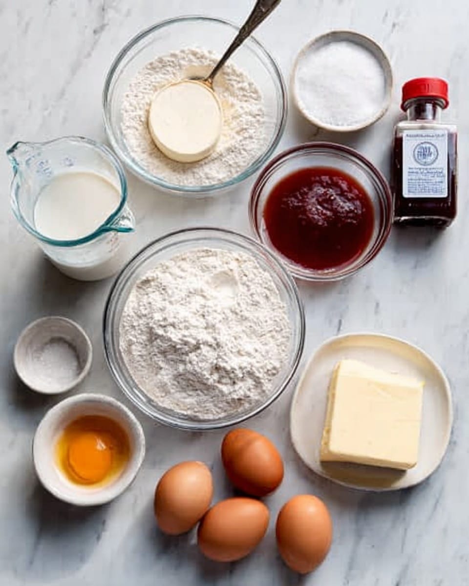 On a white marbled surface, there are several clear glass bowls and a small white bowl arranged neatly. One clear glass bowl holds white flour with a round white cheese wheel on top, and a silver spoon rests in the flour. Another clear glass bowl contains block of butter. A white bowl holds reddish-brown sauce with a silver spoon inside. There is also a clear glass measuring cup filled with white milk, a small white bowl with white sugar, two brown eggs, a small bowl of light orange liquid, a small dish of white salt, and a bottle of vanilla extract with a dark label. All items are placed close together, ready for baking photo taken with an iphone --ar 4:5 --v 7