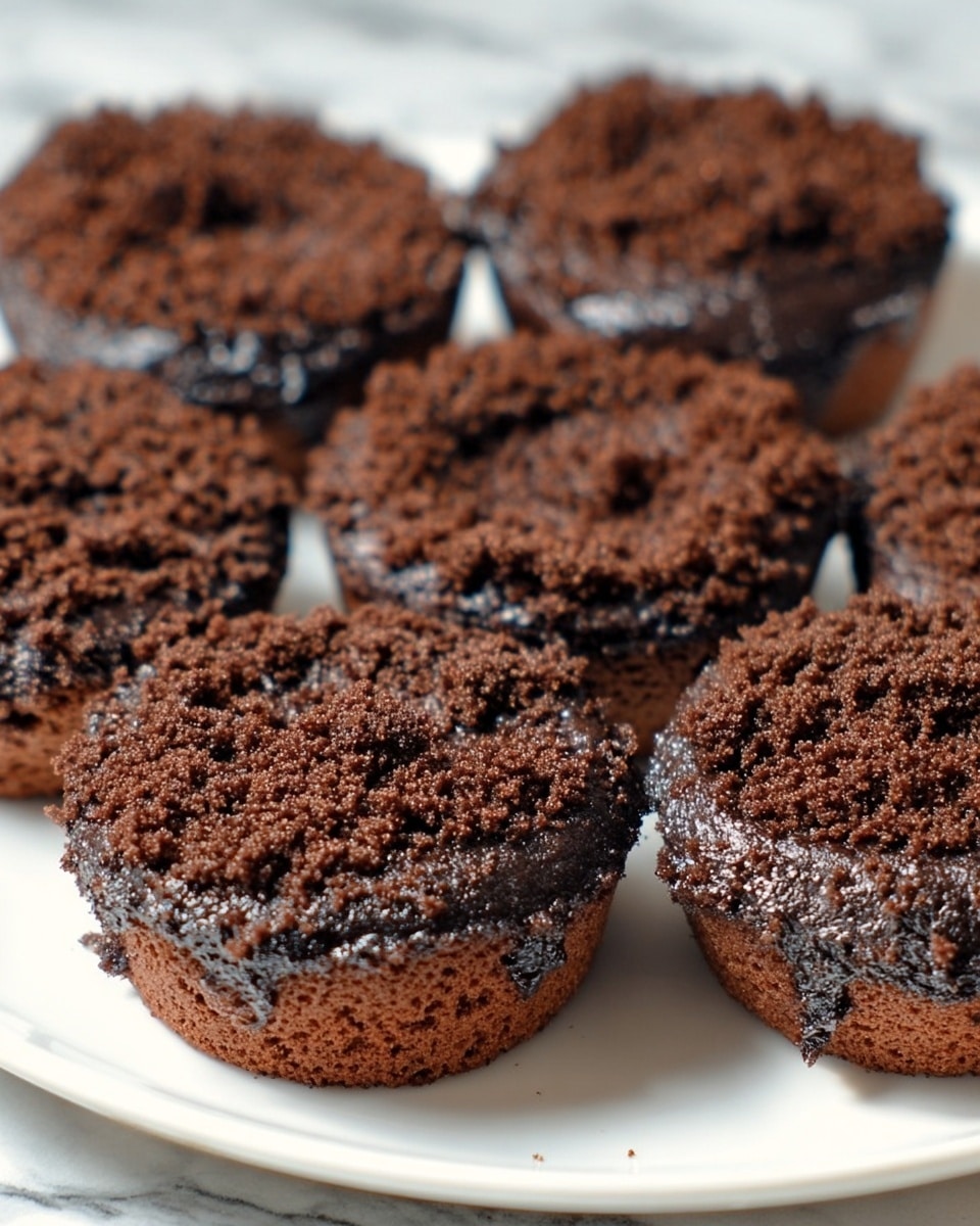 There are seven small dark brown cupcakes placed on a white plate. Each cupcake has a thick layer of crumbly chocolate topping that looks rough and uneven, covering the entire top surface. The cupcakes have a moist, dense texture that is visible around the edges where the crumbly topping drips slightly. The plate rests on a white marbled surface, and the image is close up, showing the details of the crumb topping and the dark cake beneath. photo taken with an iphone --ar 4:5 --v 7