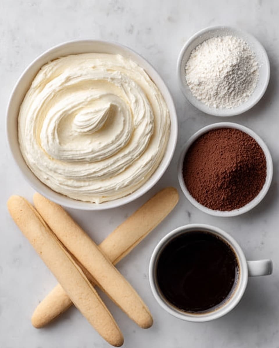 The image shows a white bowl filled with thick, creamy white frosting with smooth swirls on top. Around it, on a white marbled surface, there are three long, light tan biscuit sticks placed side by side. Next to the biscuits, there is a small white bowl filled with fine white powder, and another small white bowl filled with dark brown cocoa powder. A white cup with black coffee is also part of the arrangement. Photo taken with an iphone --ar 4:5 --v 7