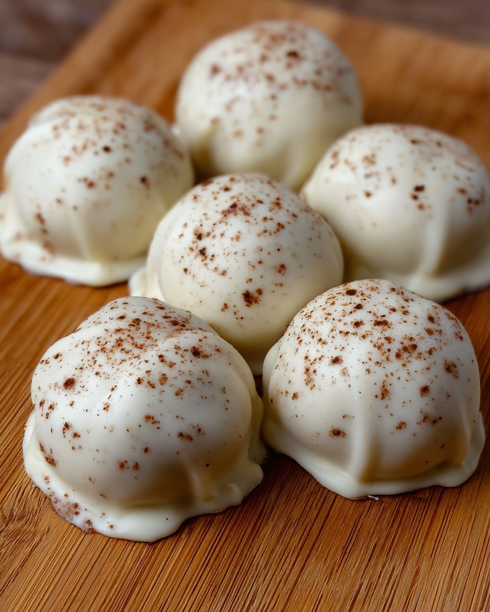A group of seven round treats are placed closely together on a wooden board. Each treat is covered in a smooth, white coating that looks like white chocolate. The surface of each treat has small brown powder spots, giving a speckled effect. The shapes are slightly uneven with little bumps and dips, making them look handmade. The background is a wooden texture, making the white coating and brown specks stand out clearly. photo taken with an iphone --ar 4:5 --v 7