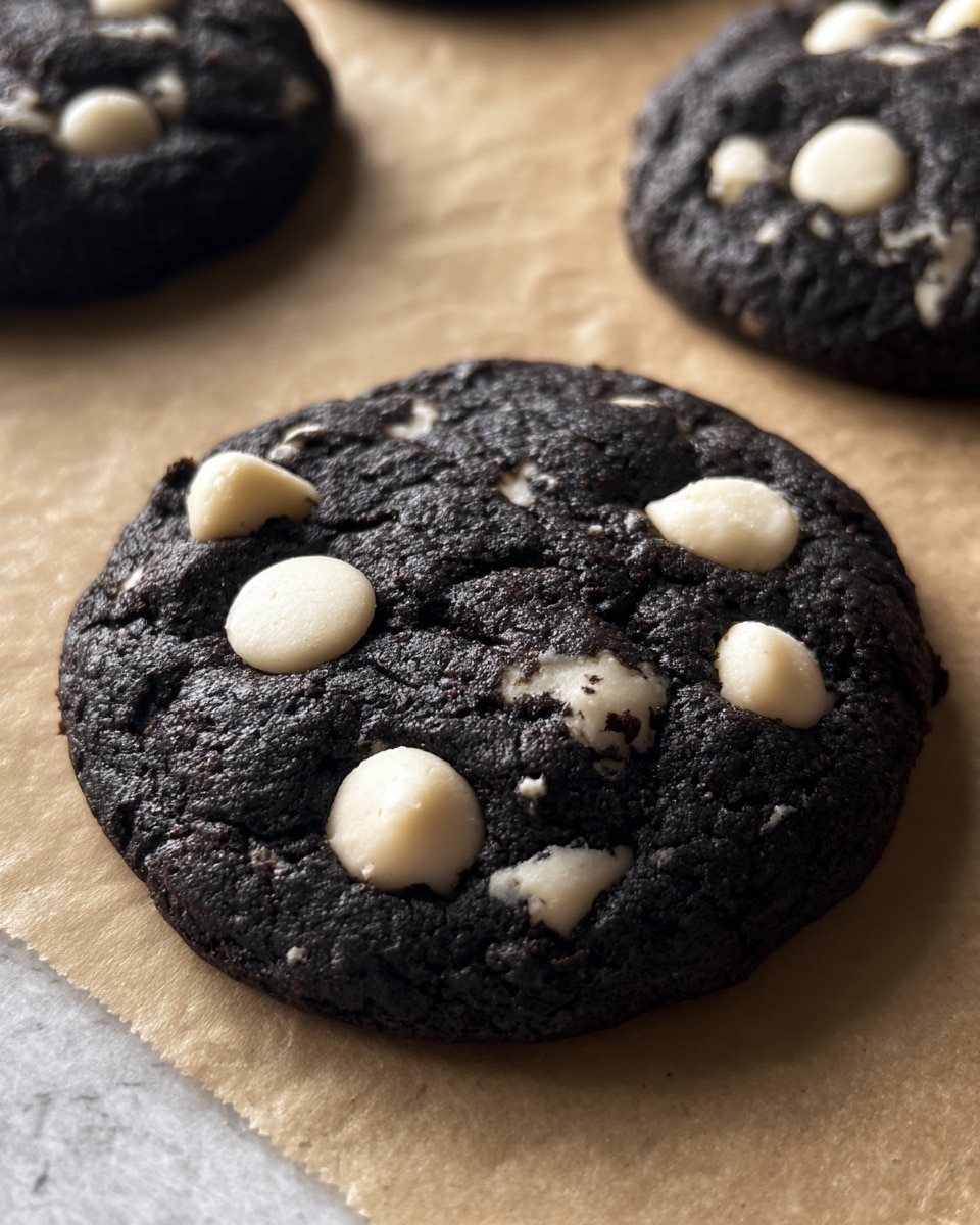 A close-up of a single round dark black cookie with a rough textured surface, embedded with several large, smooth, off-white chips spread across the top and pushed slightly into the cookie. Around it are other similar black cookies, all resting on light brown parchment paper creating a soft, warm contrast. The cookie looks thick and dense with small cracks and lumps giving it a chewy appearance, positioned on a white marbled surface. photo taken with an iphone --ar 4:5 --v 7