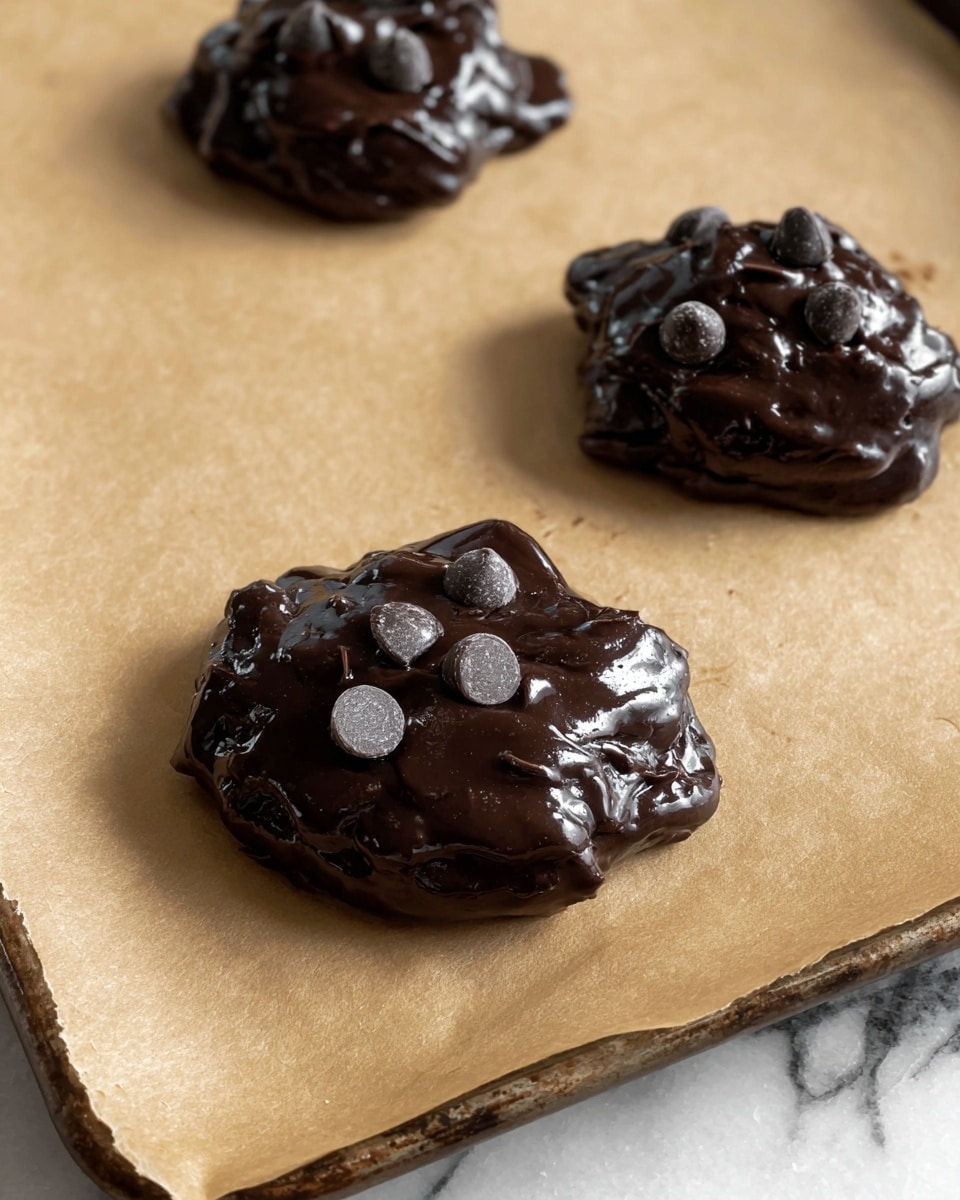 The image shows three small, unevenly shaped dollops of dark chocolate dough placed on light brown baking paper. Each dollop is glossy and thick, with a shiny texture, and has a few medium-sized chocolate chips scattered on top. The baking paper covers a baking tray, and the edges of the tray are partially visible on the right side. The background has a white marbled texture. photo taken with an iphone --ar 4:5 --v 7