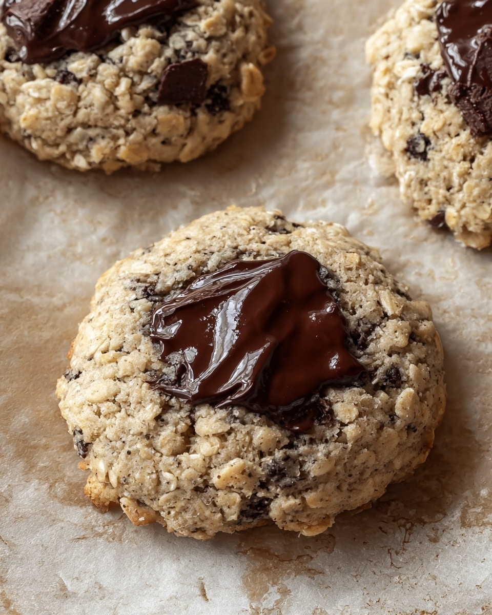 Three oatmeal cookies sit on light brown baking paper, each cookie showing a rough, chunky texture with visible oats mixed into the light beige dough. On the top surface of each cookie, there are large, shiny dark chocolate chunks that look melted and smooth, contrasting with the grainy cookie base. The cookies are thick and round, with soft edges that highlight their homemade look. The background is a white marbled texture. photo taken with an iphone --ar 4:5 --v 7
