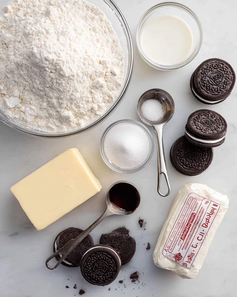 The image shows ingredients for a dessert on a white marbled surface. There is one round clear bowl filled with white powdery flour with some chunk pieces. Next to it is another round clear bowl full of white granulated sugar. A small clear bowl holds a white liquid, likely milk. Two metal measuring spoons sit side by side; one contains a small pile of salt, and the other has a small amount of dark brown vanilla extract. A rectangular block of salted butter in its wrapper lies beside the bowls. Scattered around these ingredients are several whole chocolate sandwich cookies with cream filling, some stacked and some lying flat, with one cookie broken in half. Photo taken with an iphone --ar 4:5 --v 7