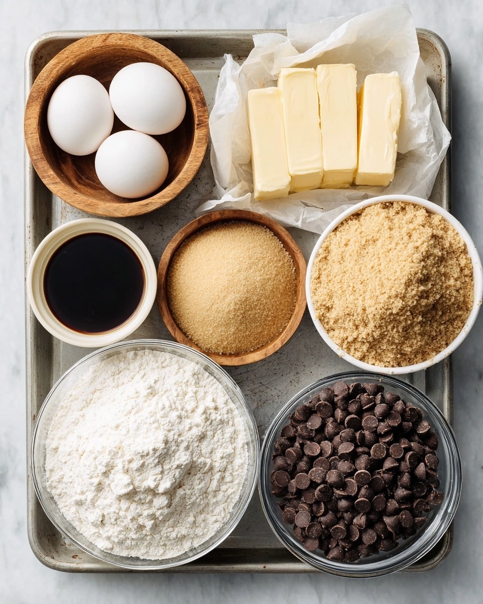 A metal tray holds a group of baking ingredients on a white marbled surface. On the left side, there are two white eggs placed beside a small white bowl filled with dark vanilla extract. Nearby is a wooden bowl with white powder, likely baking soda or salt. Wrapped in parchment paper are two blocks of pale yellow butter. Toward the right side, a clear glass bowl is filled with white flour, and next to it is a large metal bowl piled high with light brown sugar that has a grainy texture. To the far right, a white bowl contains many dark chocolate chips. The composition is neat, with all elements clearly separated, showing a variety of textures and shades from white and cream to deep brown. photo taken with an iphone --ar 4:5 --v 7