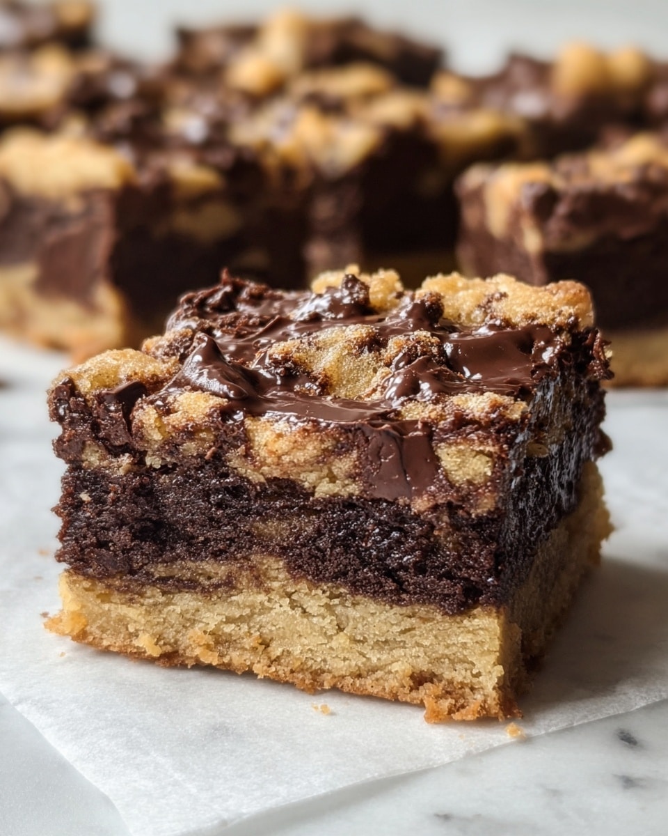 A close-up of a thick, square dessert bar sitting on a white marbled surface covered with white parchment paper. The bar has three visible layers: the bottom layer is light brown and crumbly, the middle layer is dense and dark chocolate brown, moist and rich, and the top layer is a mix of chunky, light brown, crumbly dough with melted, shiny dark chocolate chunks spread unevenly across it. The texture looks soft and slightly sticky, with some chocolate pieces glistening. In the blurred background, several more square bars of the same dessert are placed. photo taken with an iphone --ar 4:5 --v 7