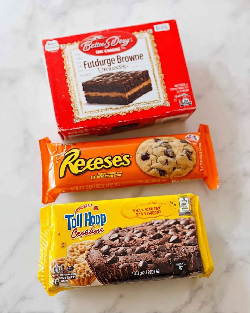 The image shows three food packages stacked on a white marbled surface. At the top is a red and white box of Betty Crocker Fudge brownie mix with a photo of a layered chocolate brownie on it. Below it is a bright orange pack of Reese's peanut butter cups, with a clear plastic wrapper showing six pieces inside. At the bottom is a yellow tube package of Toll House chocolate chip cookie dough, featuring an image of freshly baked cookies with chocolate chips. Photo taken with an iphone --ar 4:5 --v 7