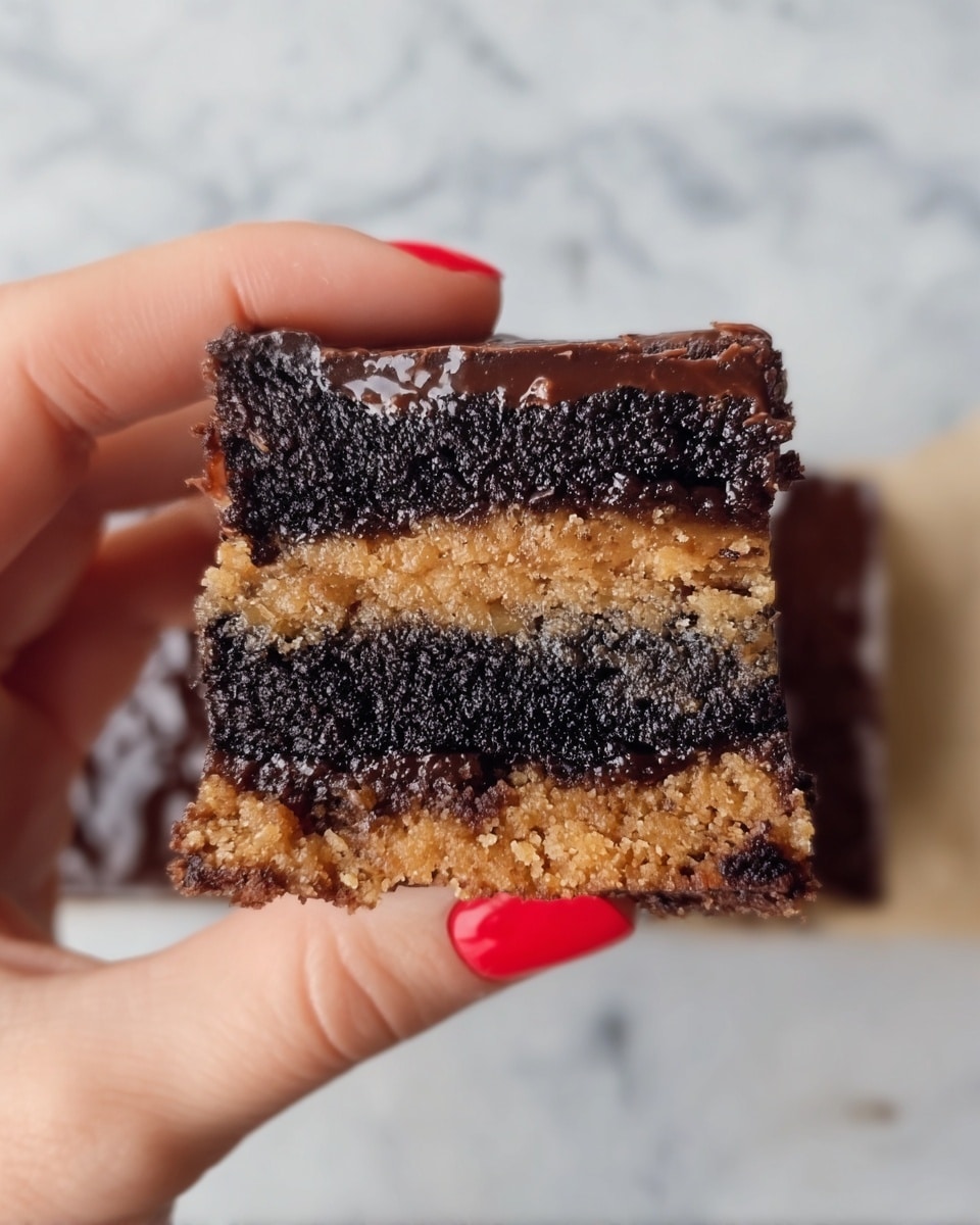 A close-up image of a dessert bar held by a woman's hand with red nail polish, showing three layers: the top and middle layers are dark brown and rich with a moist, slightly shiny texture, while the bottom layer is a lighter brown, crumbly and dense. The bar is broken in half to reveal the texture inside, and the background is a white marbled surface. Photo taken with an iphone --ar 4:5 --v 7