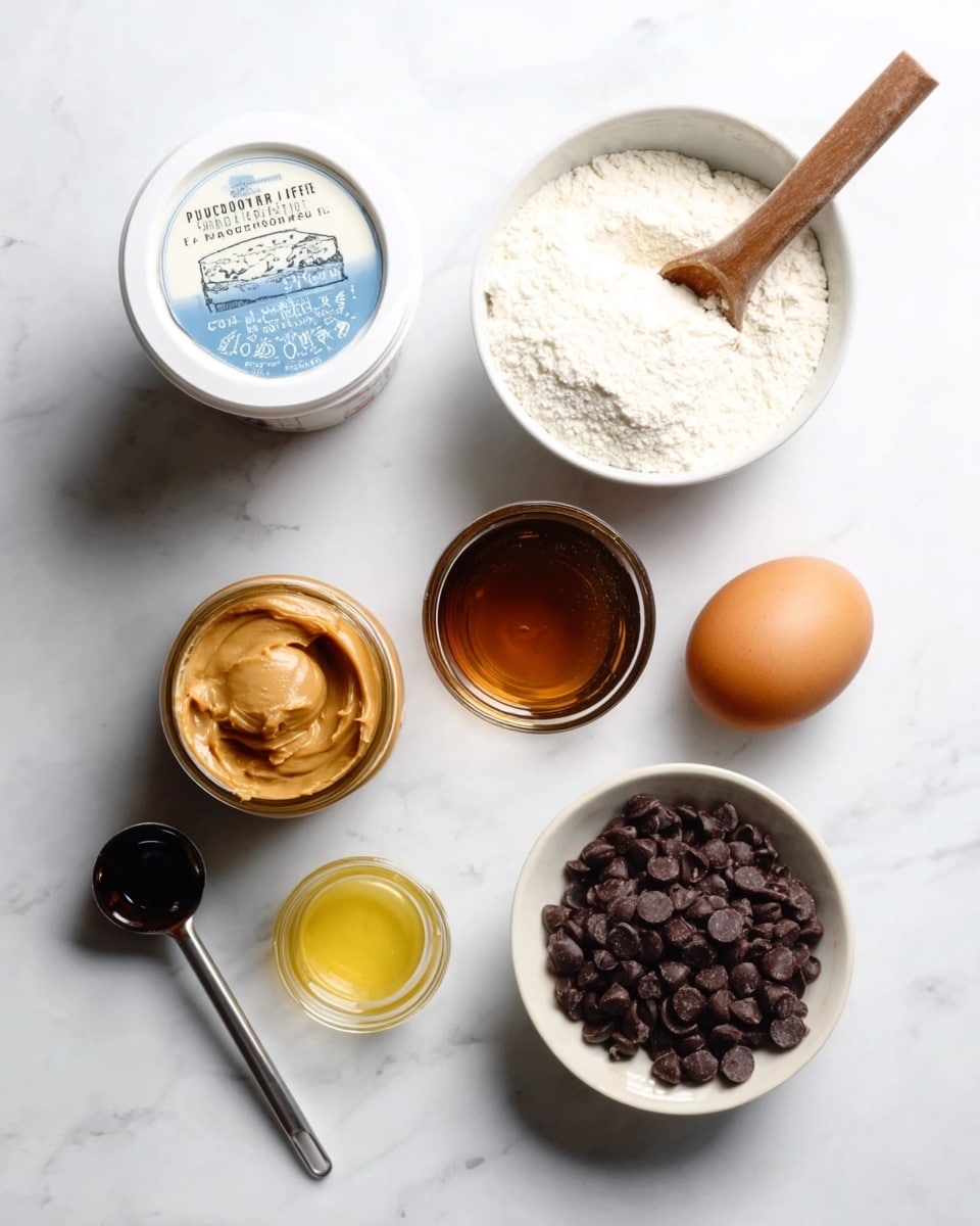 The image shows seven ingredients neatly arranged on a white marbled surface. In the top left corner, there is a white container of cream cheese with a blue label holding a wooden spoon. To its right, a white bowl filled with flour is positioned. Below, an uncooked brown egg sits near a small glass bowl of brown liquid placed next to it. At the bottom left, there is an open jar of peanut butter with visible creamy texture, beside a metal measuring spoon containing yellow liquid. Finally, a small bottle of vanilla extract and a white bowl filled with dark chocolate chips complete the setup. The items are spaced evenly in a simple, clean style photo taken with an iphone --ar 4:5 --v 7